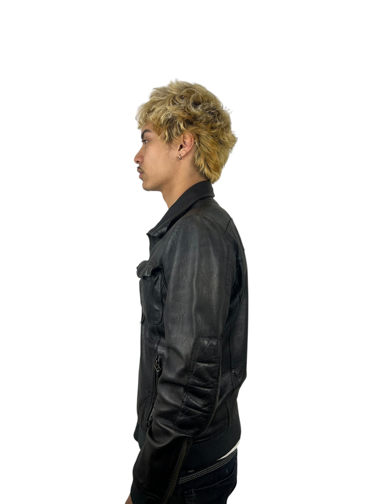 Johnbull Black Leather Multi-Pocket Zip Jacket with Neck Guard (M)