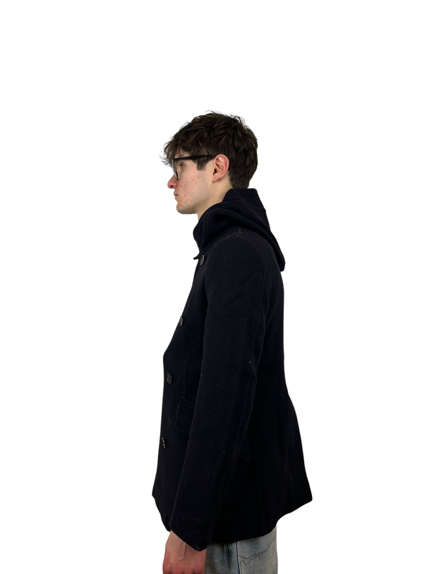 Zucca Asymmetrical Hooded Wool Toggle Zip Deep Navy Peacoat (L)