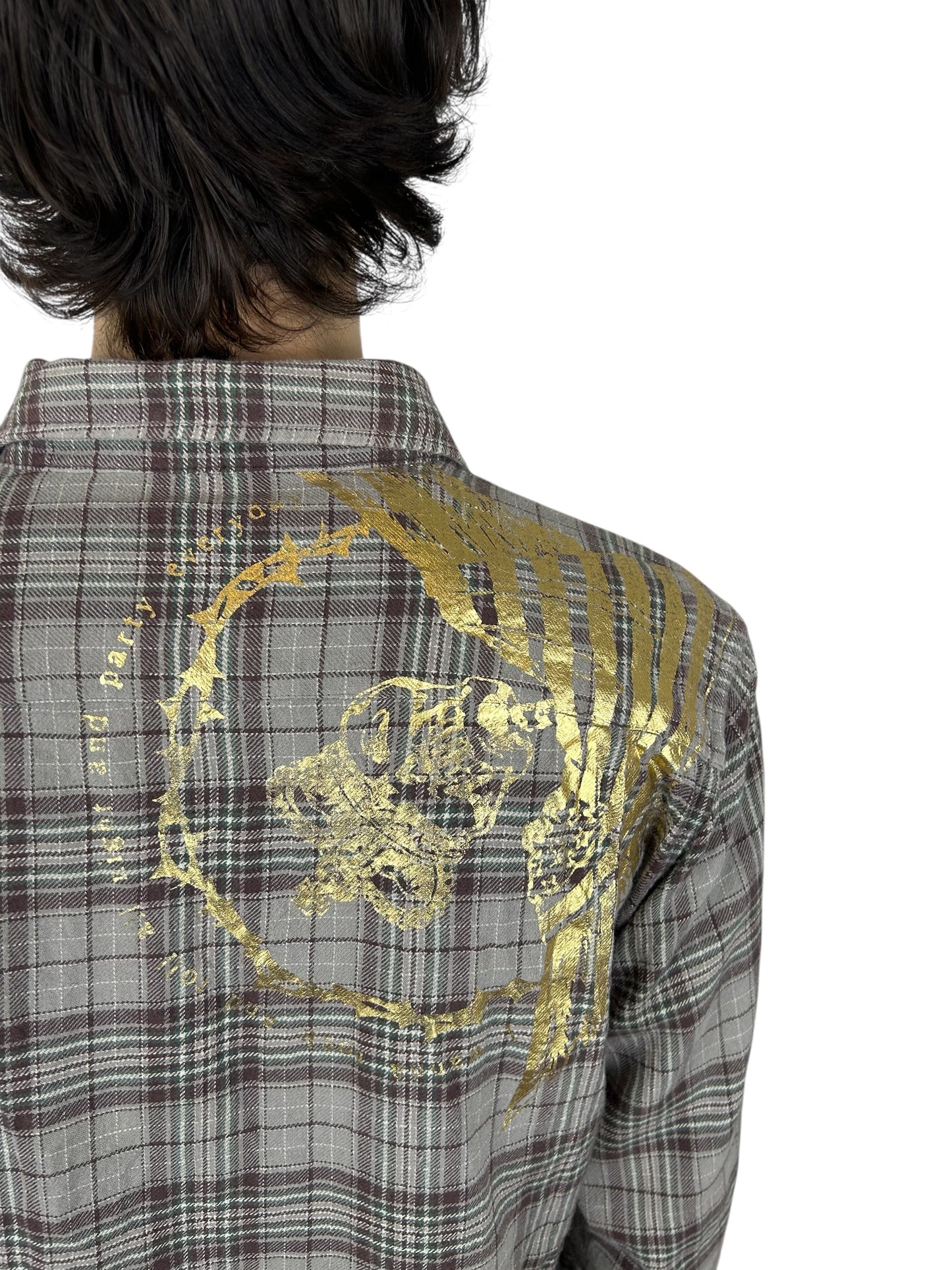 2000s PPFM Muted Tartan Plaid Rock & Roll Skeleton Print Button Up Shirt (M)