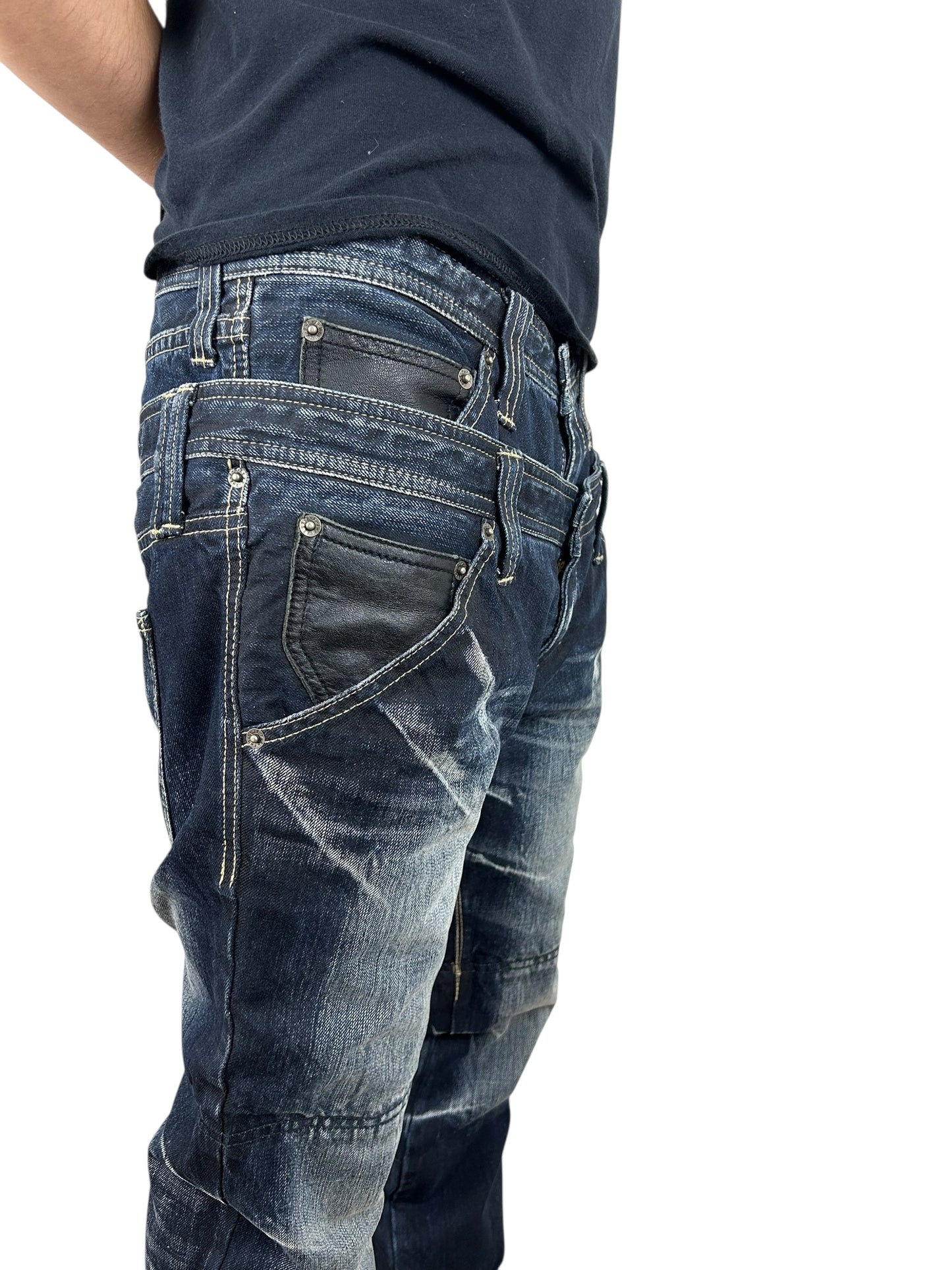 2000s PPFM Double Waisted
Denim w Leather Patches (32x33)