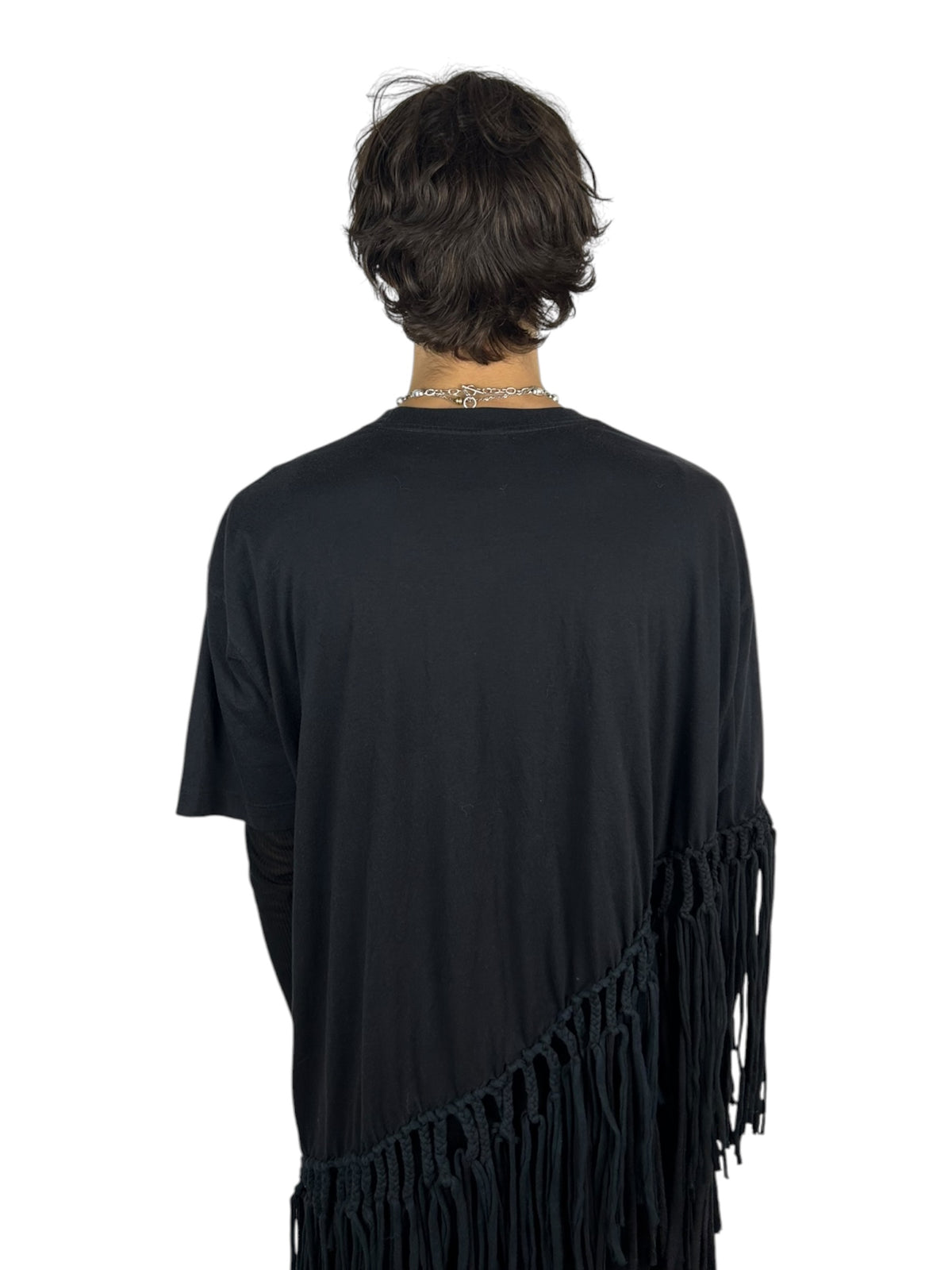 Asymmetric Hand-Knotted Fringe T-Shirt (L)