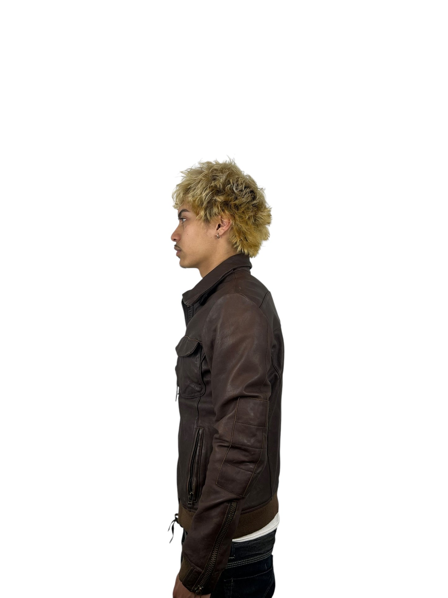 Johnbull Brown Leather Multi-Pocket Zip Jacket with Neck Guard (M)
