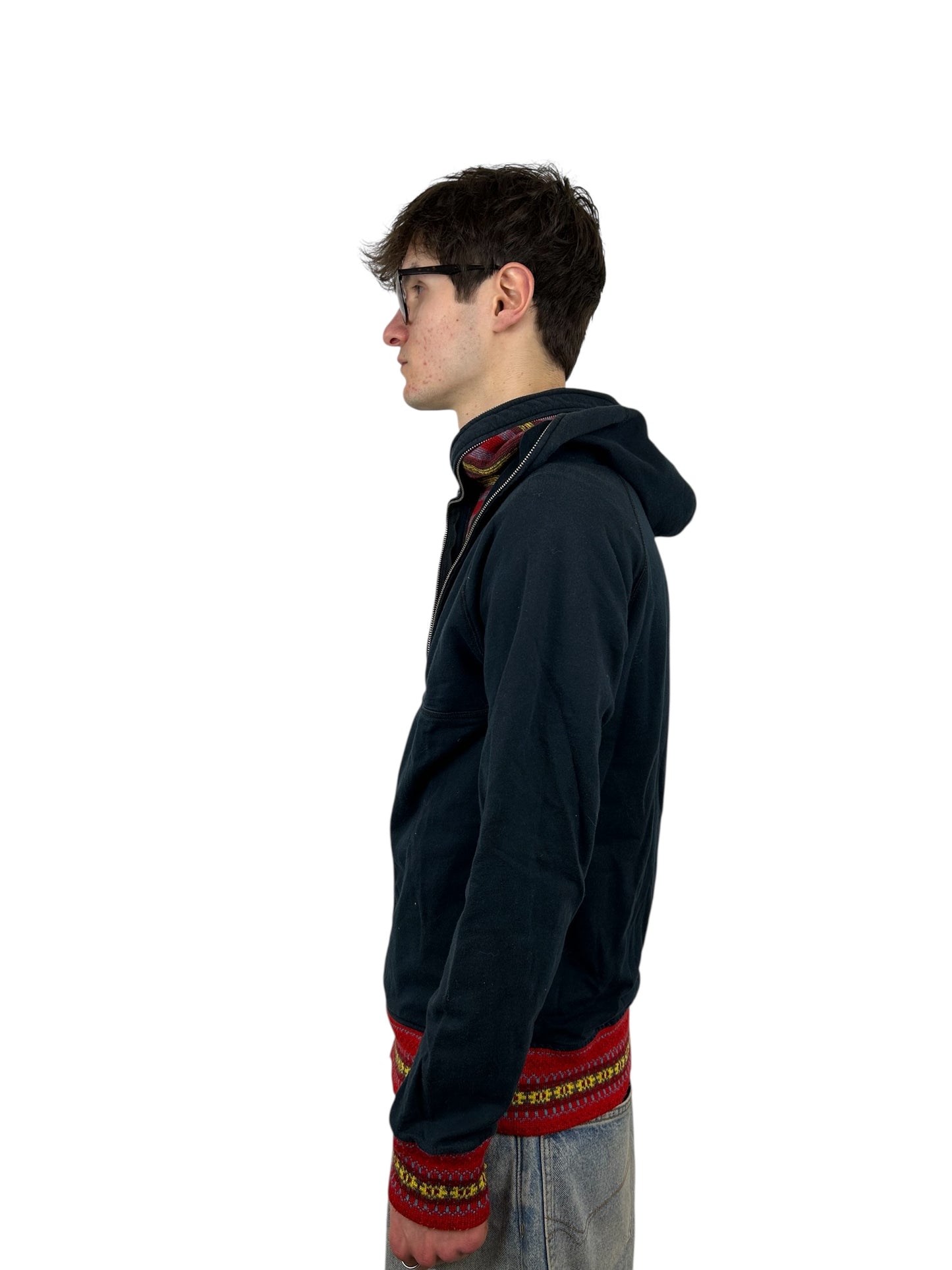 M2Squared Wool Blend Two-Layer Zip Hoodie with Fair Isle Knit Panel (M)