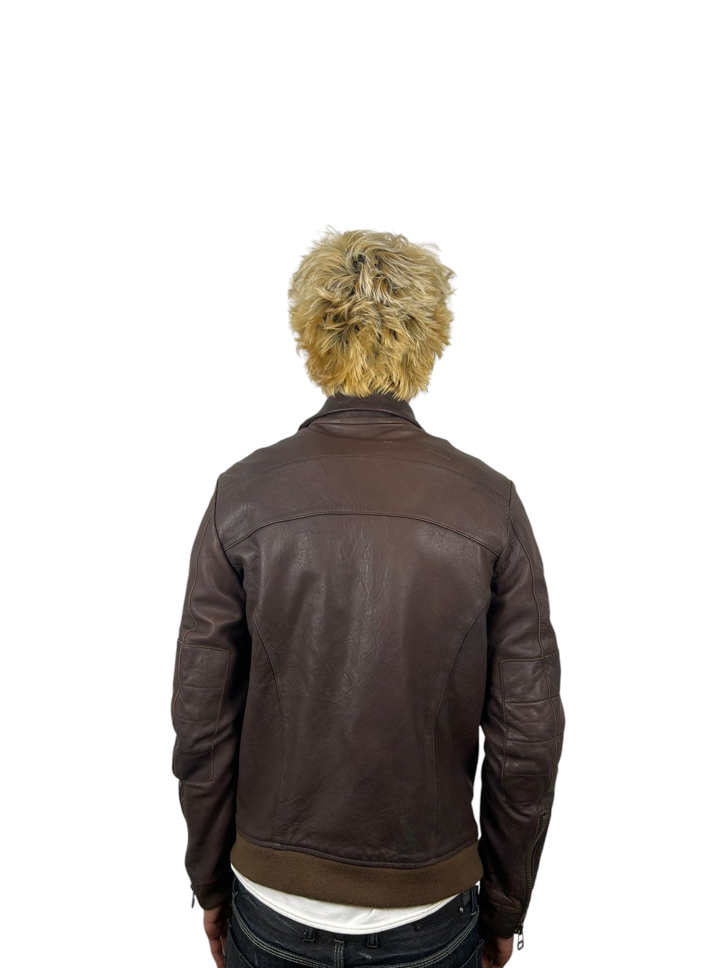 Johnbull Brown Leather Multi-Pocket Zip Jacket with Neck Guard (M)