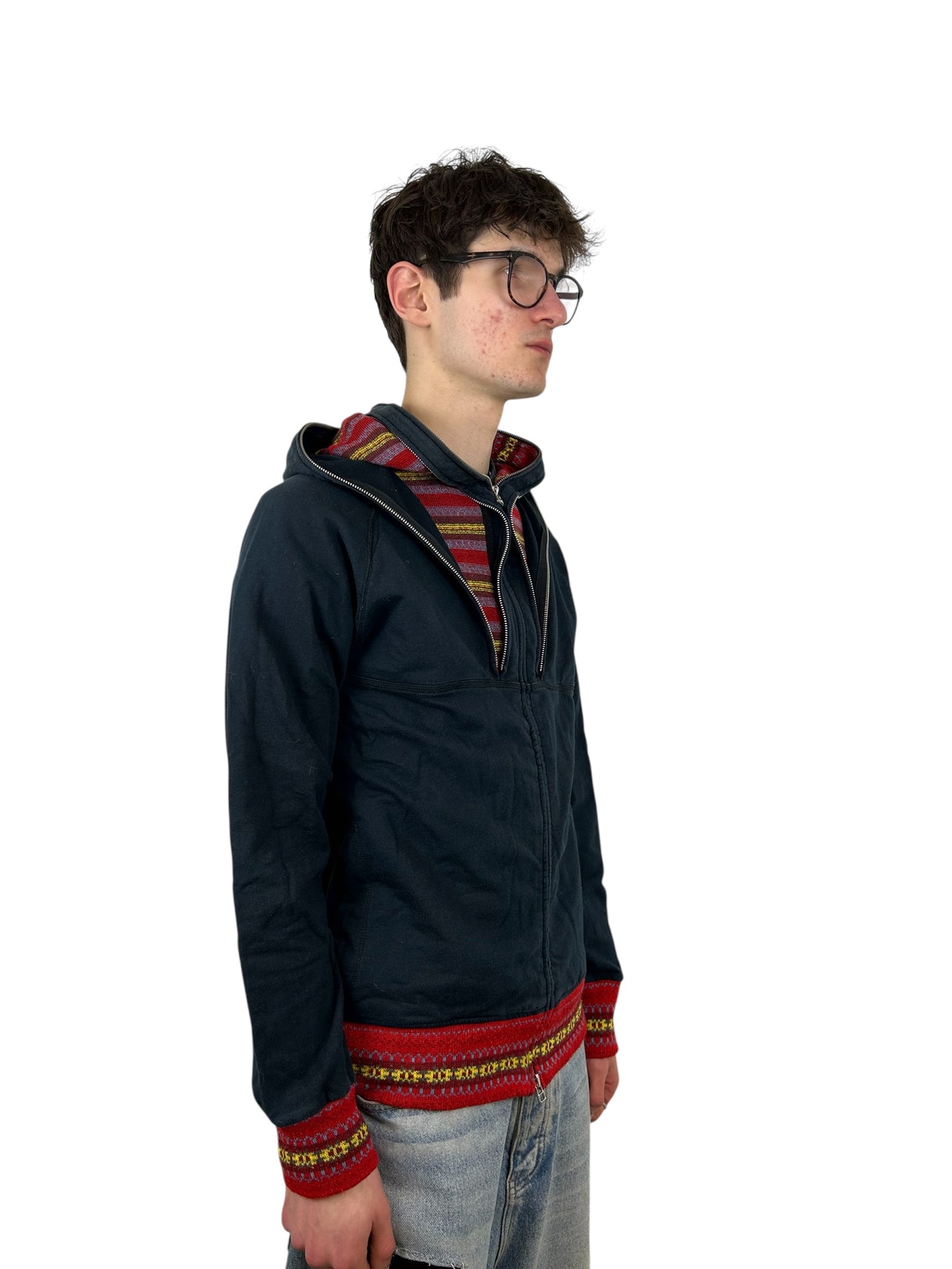 M2Squared Wool Blend Two-Layer Zip Hoodie with Fair Isle Knit Panel (M)