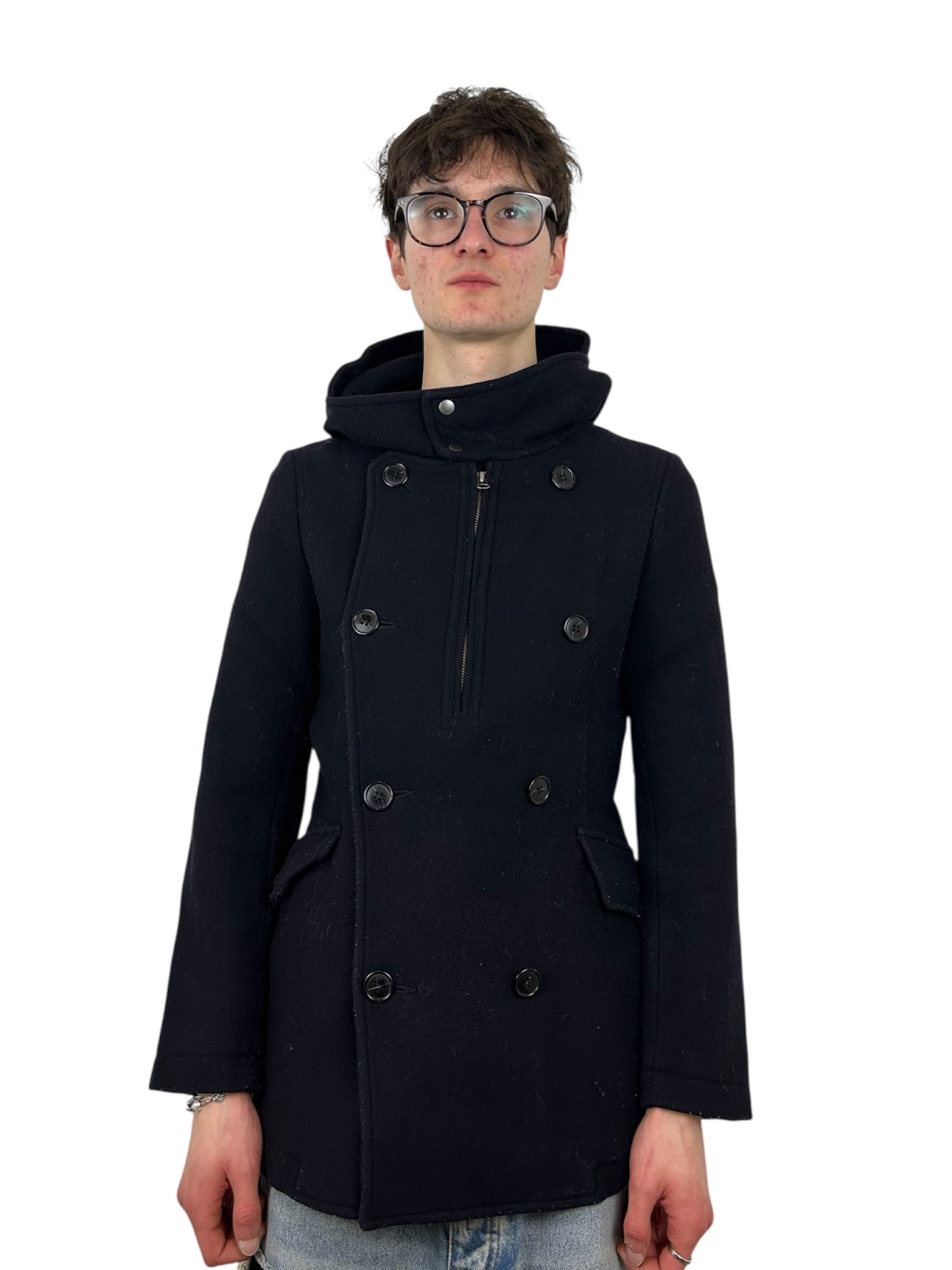 Zucca Asymmetrical Hooded Wool Toggle Zip Deep Navy Peacoat (L)