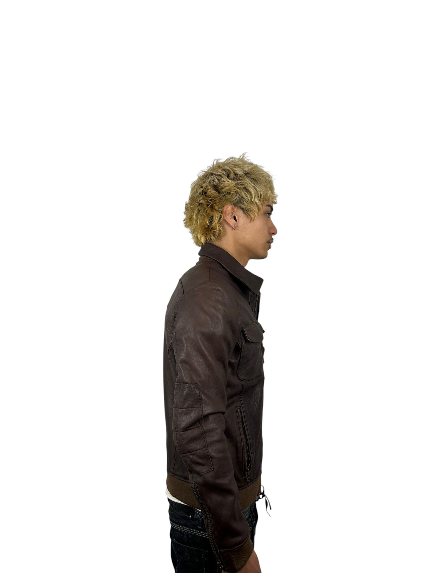 Johnbull Brown Leather Multi-Pocket Zip Jacket with Neck Guard (M)