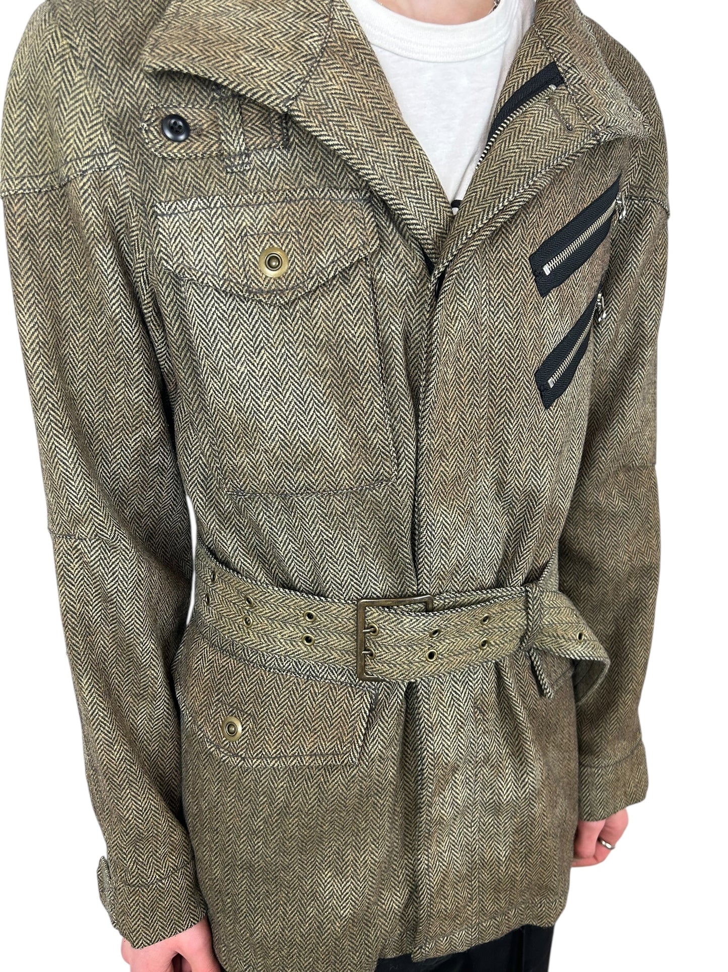 PPFM Belted HerringboneUtility Jacket with Zipper ChestPockets (M)