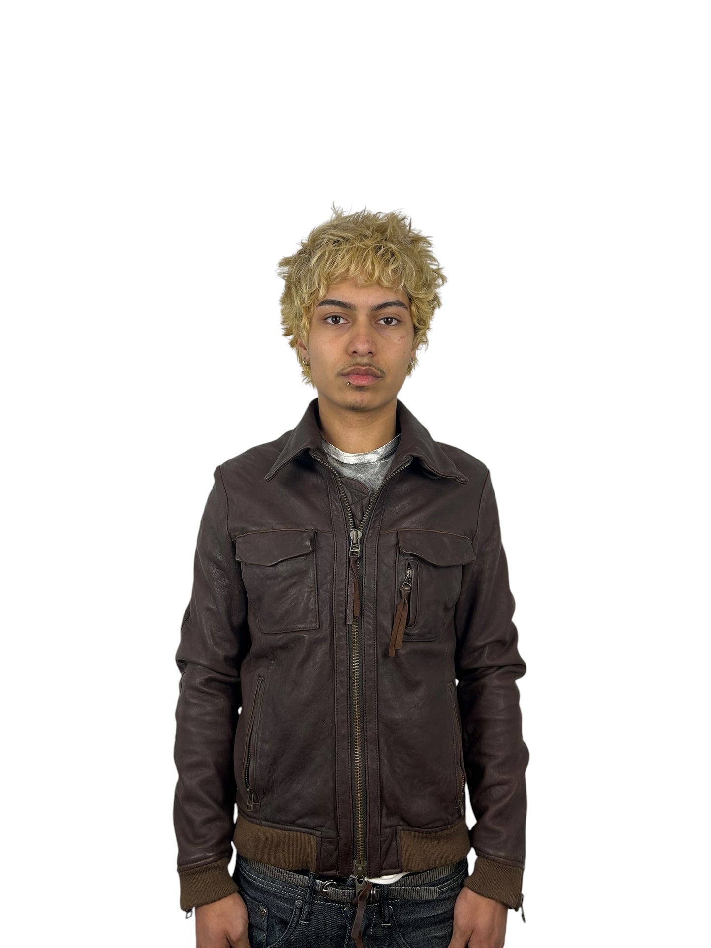 Johnbull Brown Leather Multi-Pocket Zip Jacket with Neck Guard (M)