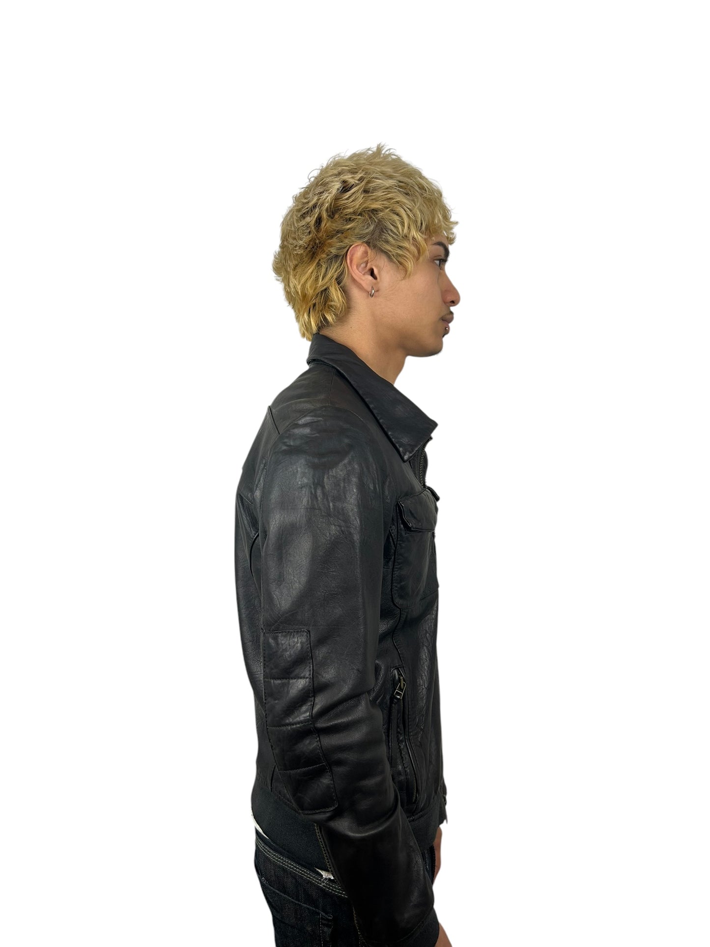 Johnbull Black Leather Multi-Pocket Zip Jacket with Neck Guard (M)