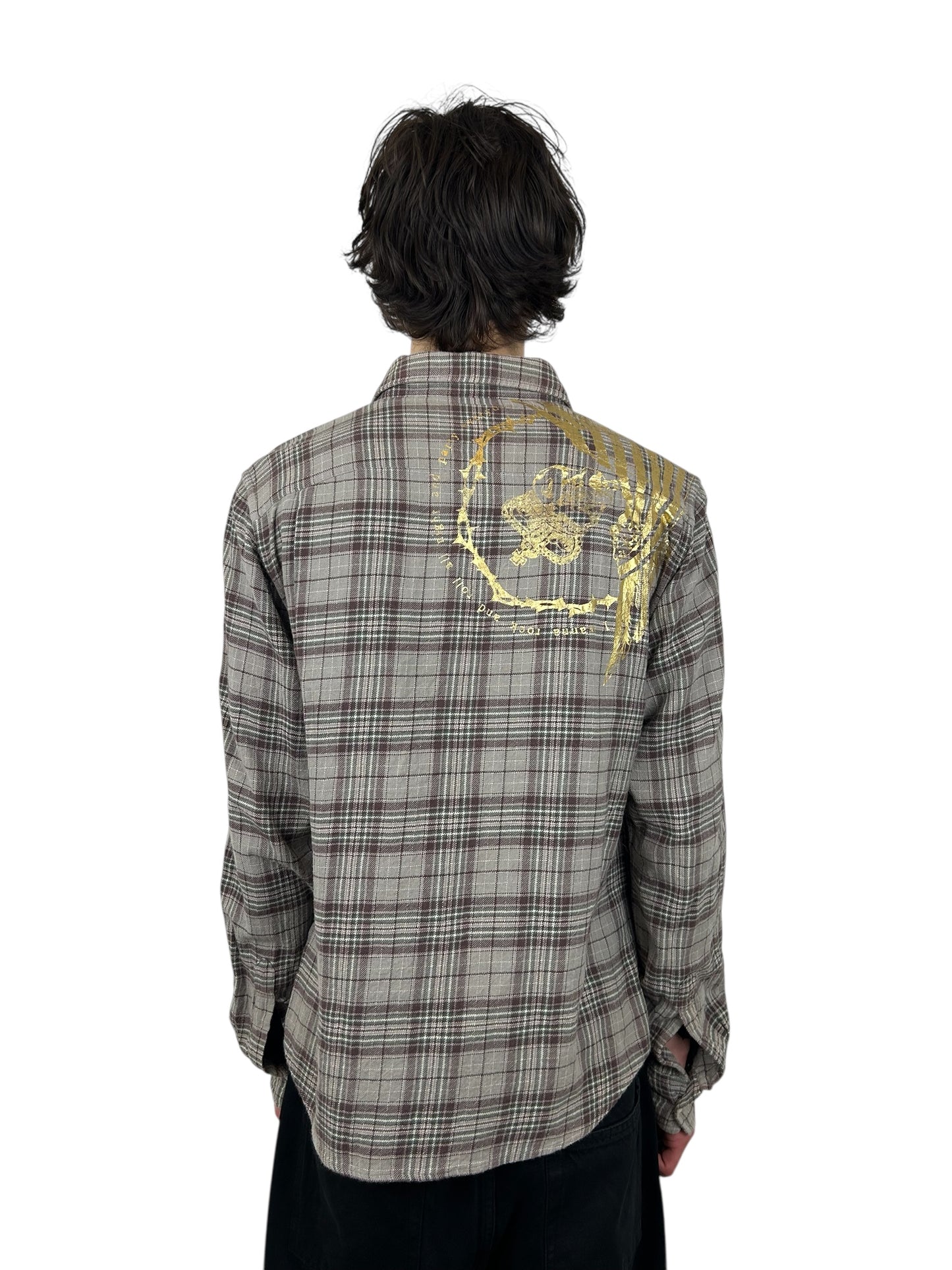 2000s PPFM Muted Tartan Plaid Rock & Roll Skeleton Print Button Up Shirt (M)