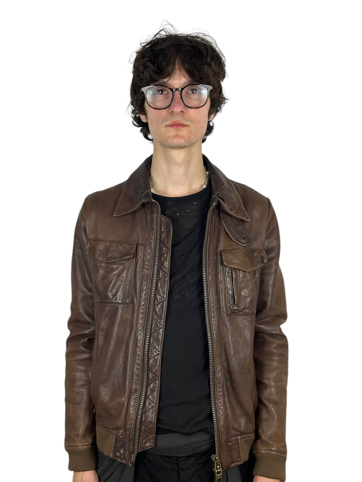 Johnbull Brown Leather Multi-Pocket Zip Jacket with Neck Guard (M)