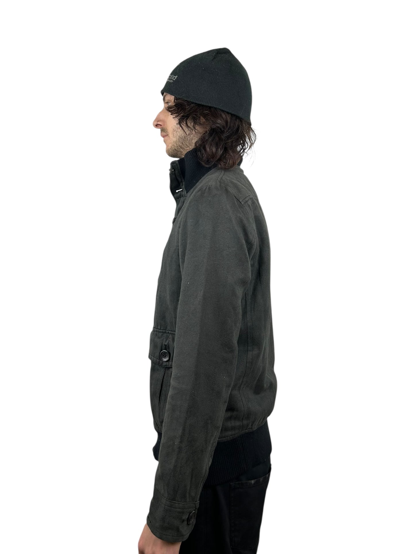 JPEGG Washed Charcoal Suede Funnel Neck Bomber Jacket (M)