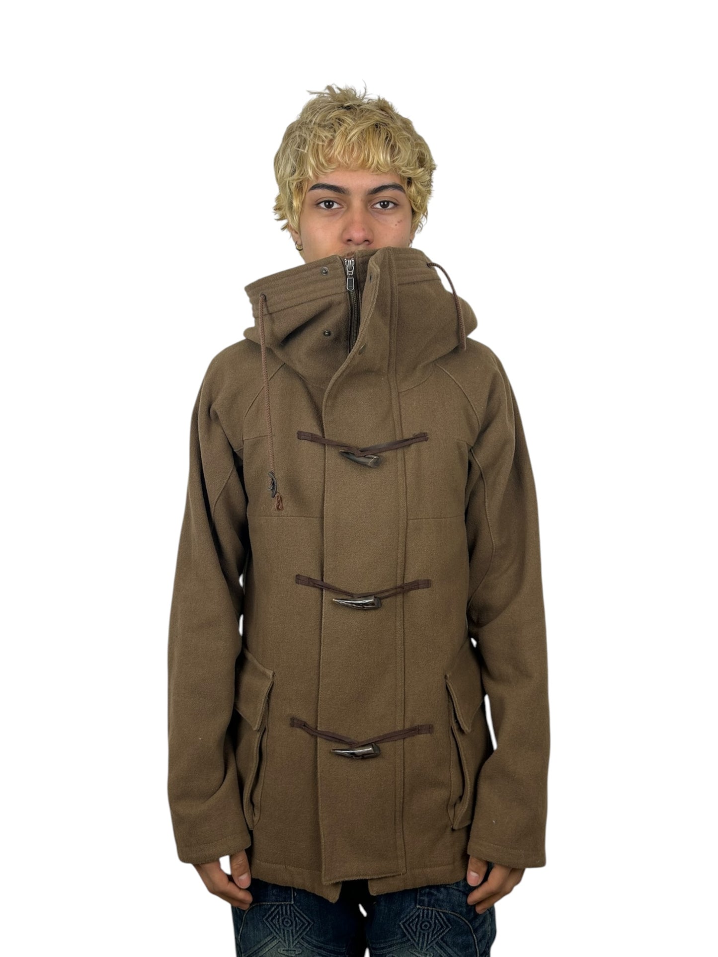 2000s PPFM Hooded Duffle Toggle Closure Wool Blend Panelled Utility Coat (L)