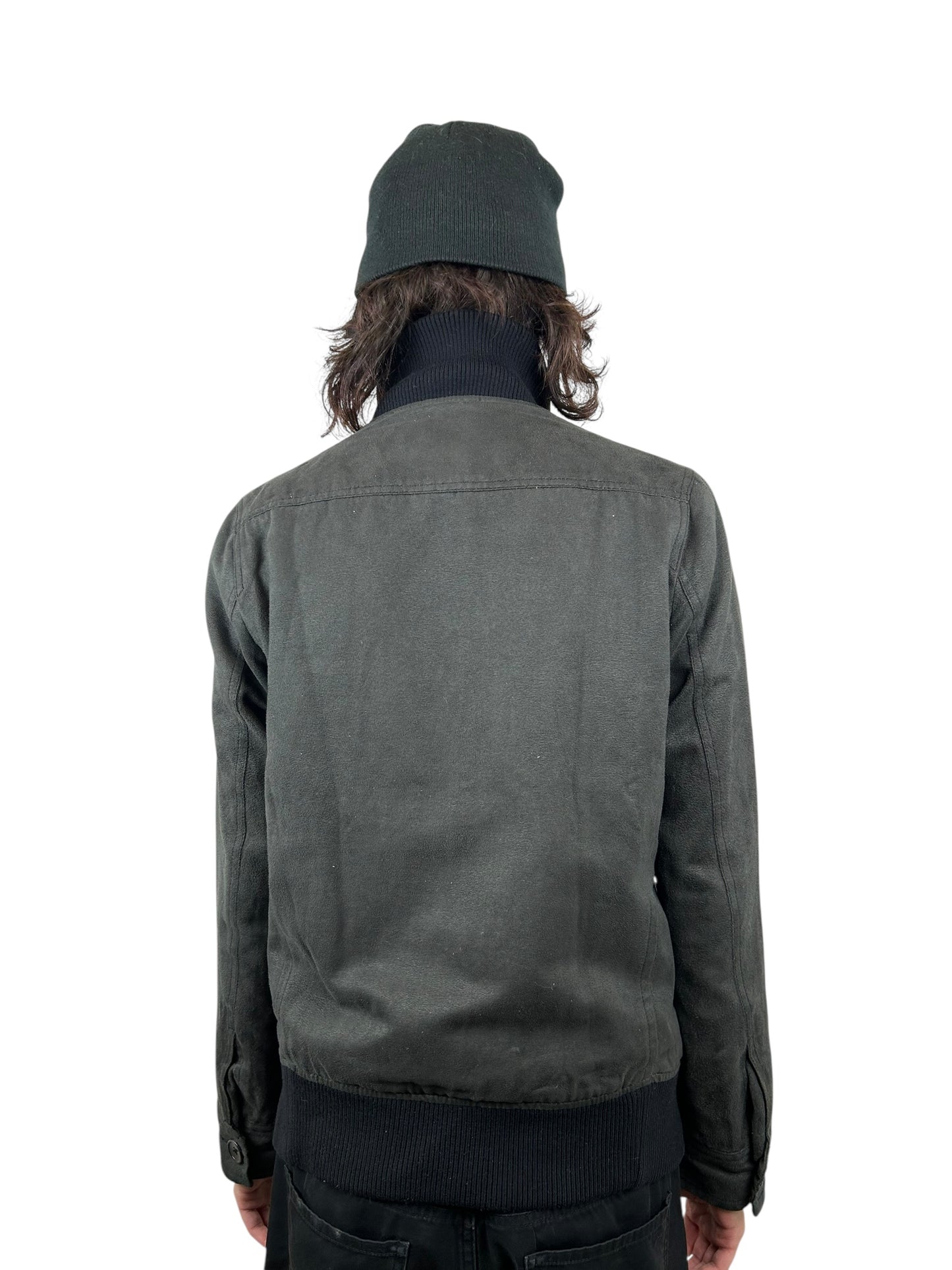 JPEGG Washed Charcoal Suede Funnel Neck Bomber Jacket (M)