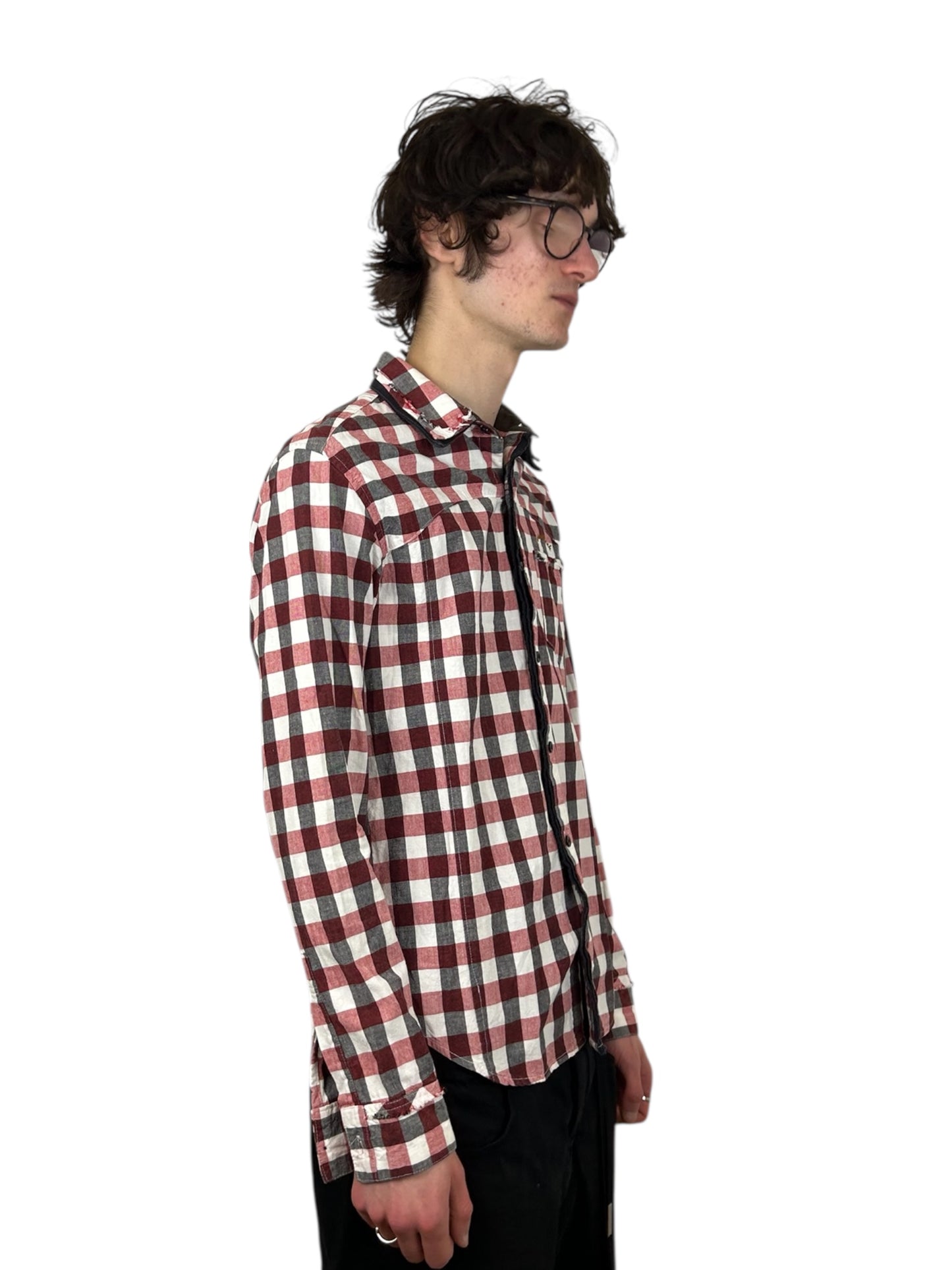 2000s PPFM Buffalo Check Raw Edge Double Collar “Eastern Rock” Button Up Shirt (L)