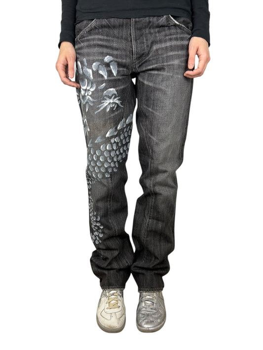 1990s NWT Johnbull x Matilda Den Hand-Painted Dragon Jeans (30x34)