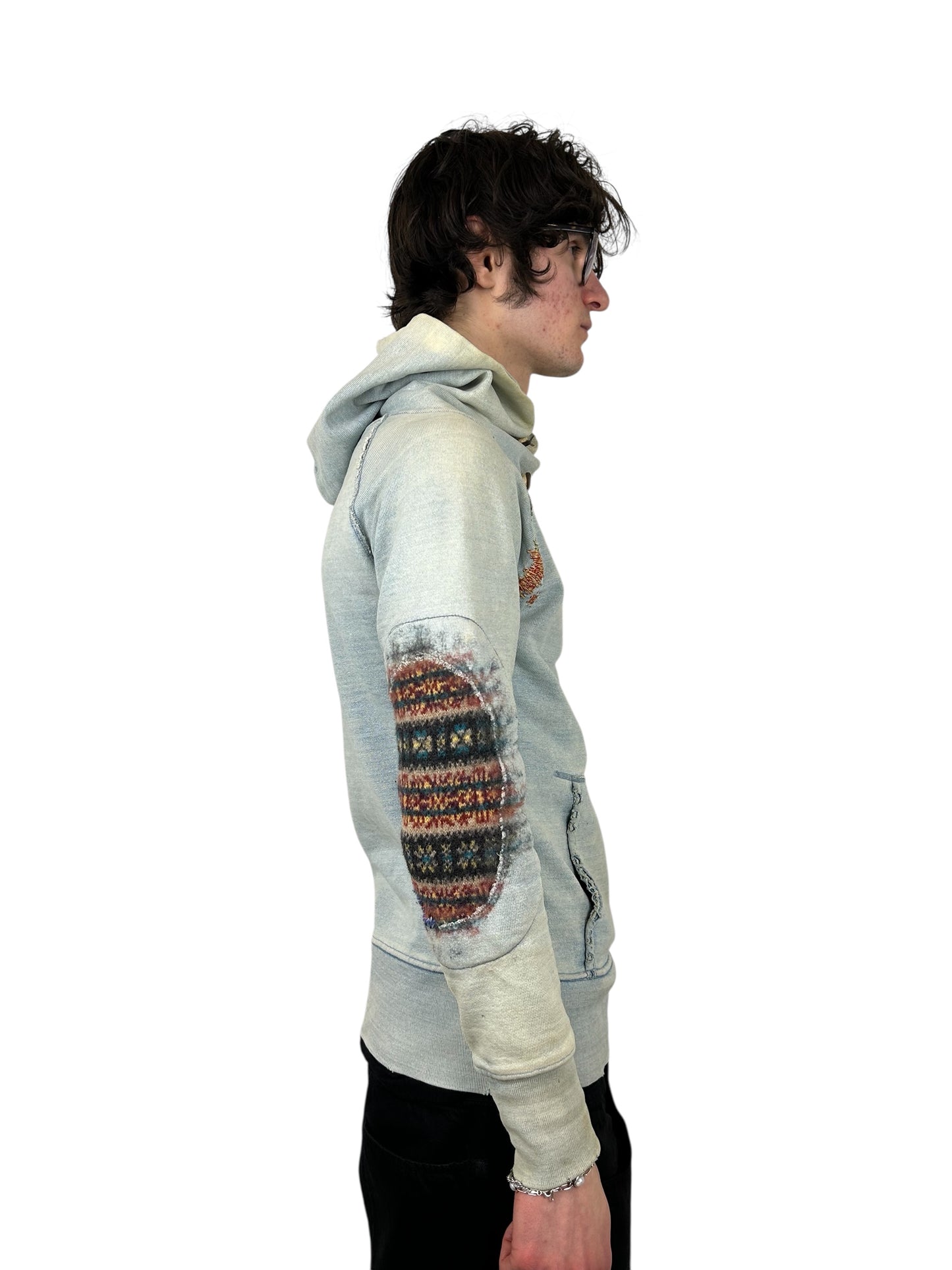 Kapital Yarn Restored Faded Hoodie With Woven Elbow Patches (M)