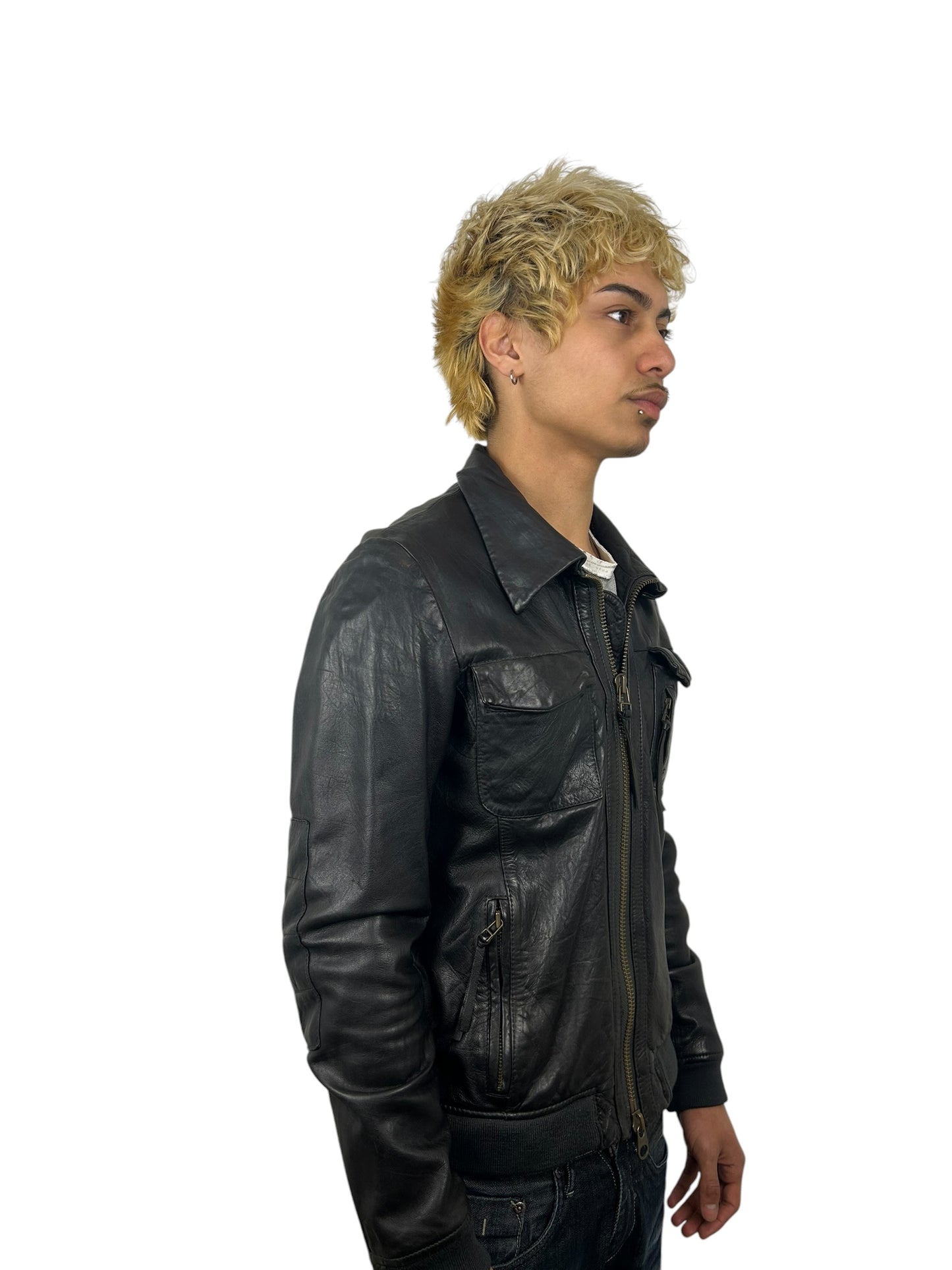 Johnbull Black Leather Multi-Pocket Zip Jacket with Neck Guard (M)