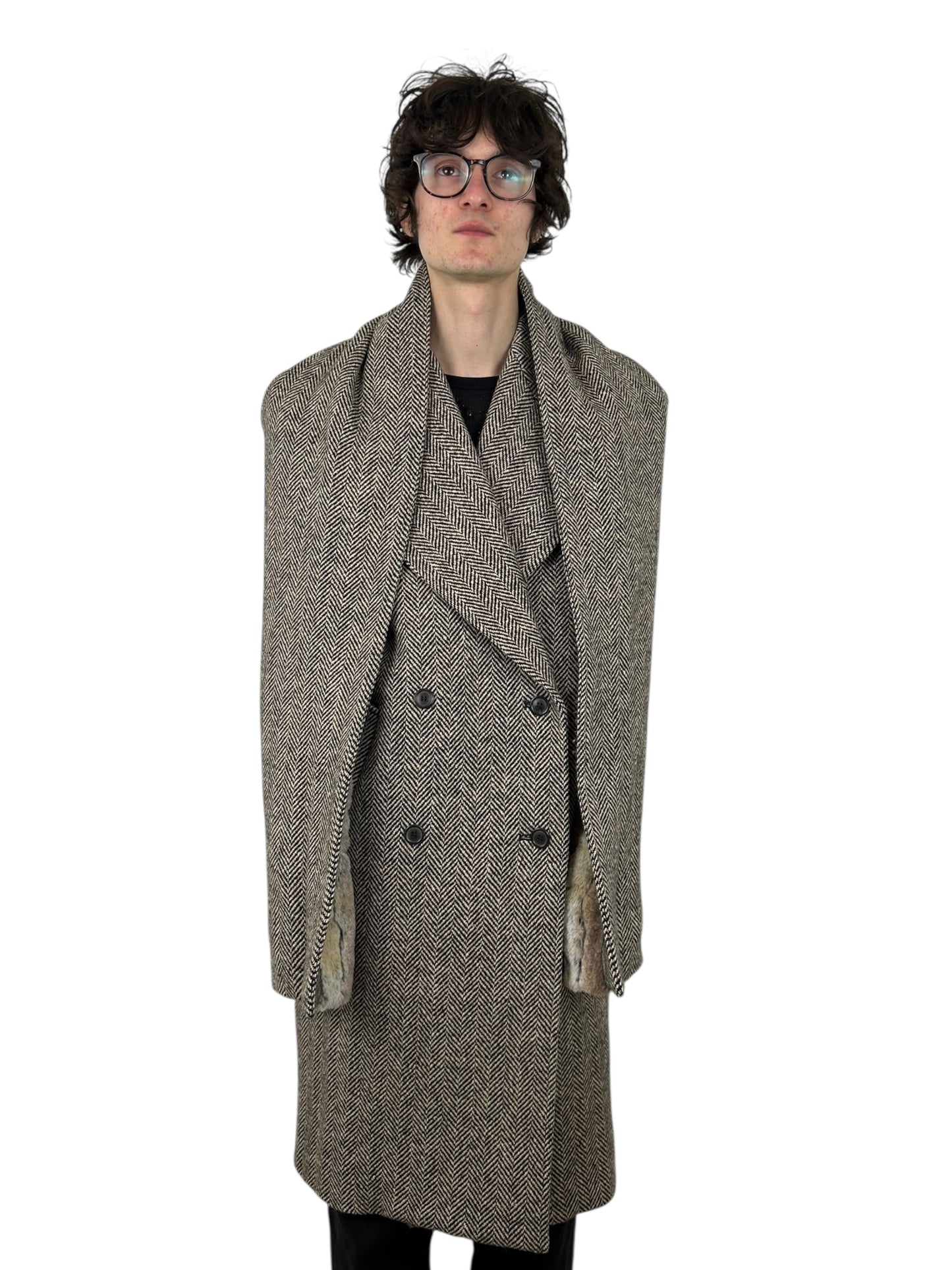 Y/Project Draped Faux Fur Herringbone Tweed Transformable Coat (L)