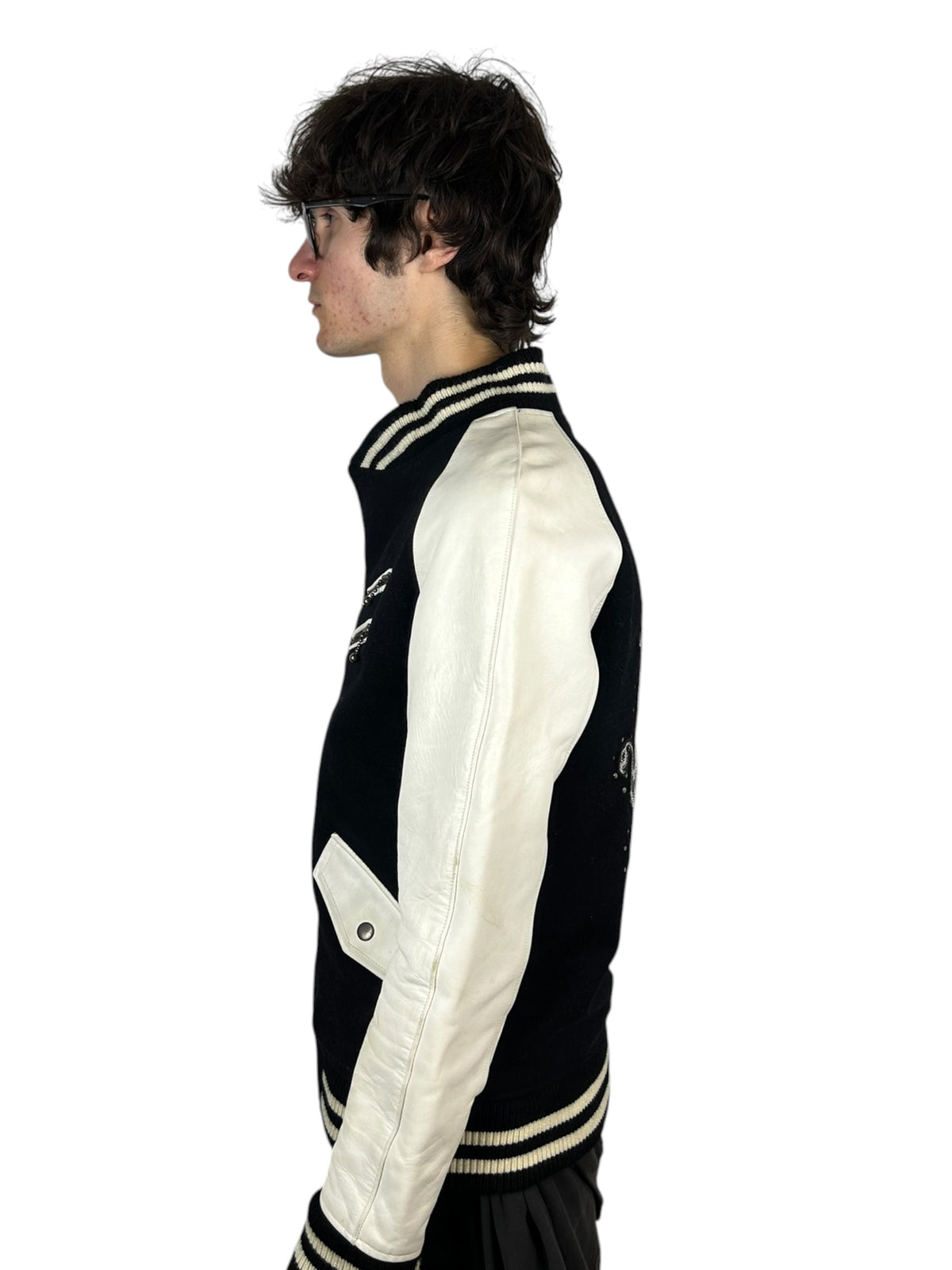 Maniac Works Heraldic Crest Leather-Sleeve Biker Varsity Jacket (L)