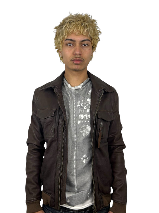 Johnbull Brown Leather Multi-Pocket Zip Jacket with Neck Guard (M)