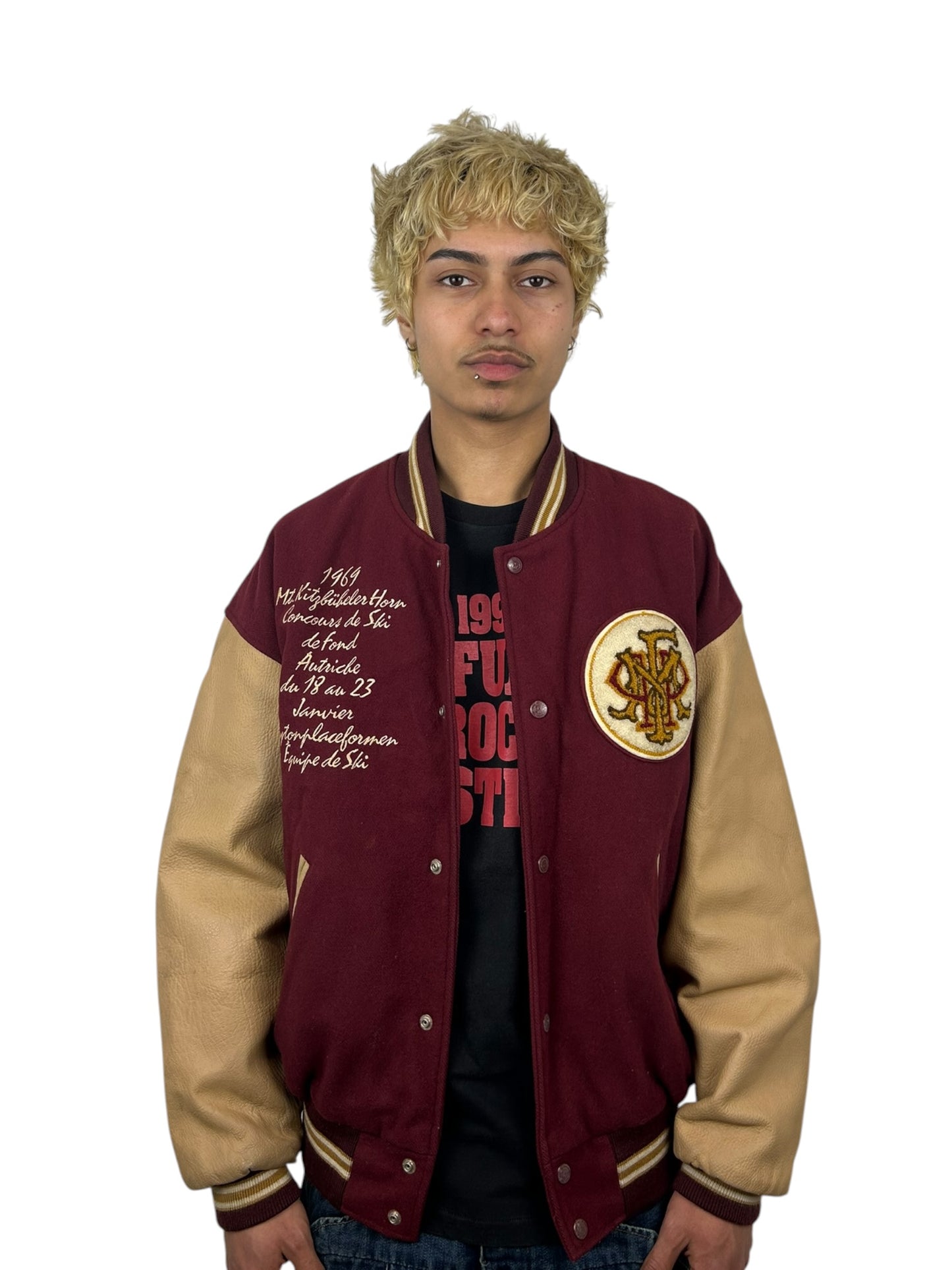 1990s PPFM Ski Team “Kitzbühel Horn” Embroidered Wool Leather Varsity Jacket (L)