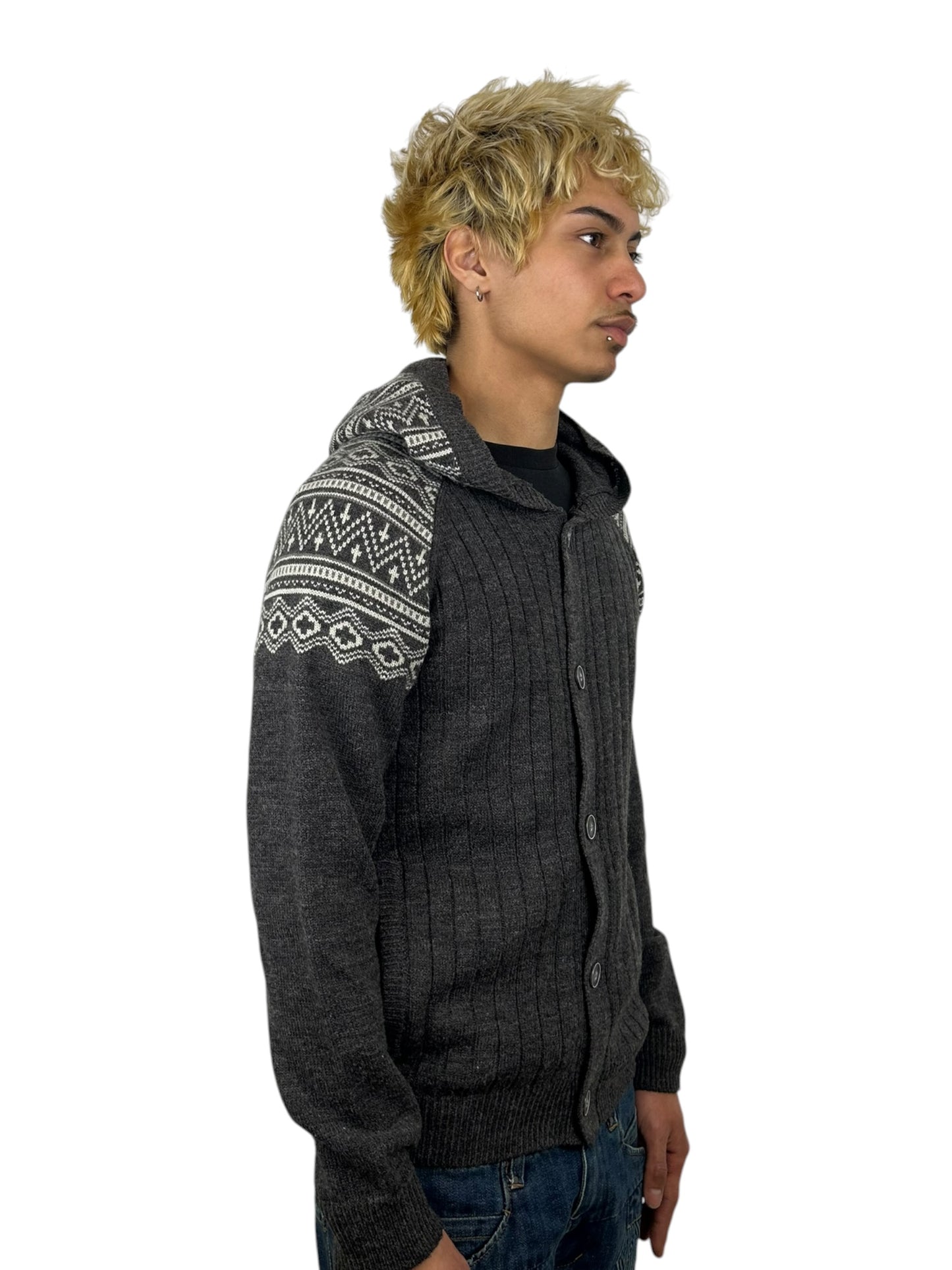 2000s PPFM Fair Isle Pattern Raglan Hooded Button Acrylic Wool Blend Knit Cardigan (M)