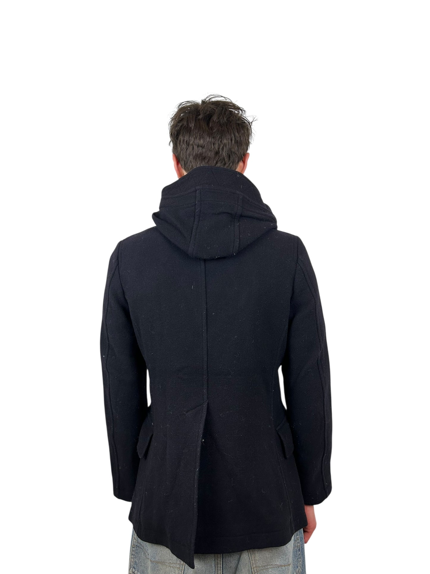 Zucca Asymmetrical Hooded Wool Toggle Zip Deep Navy Peacoat (L)
