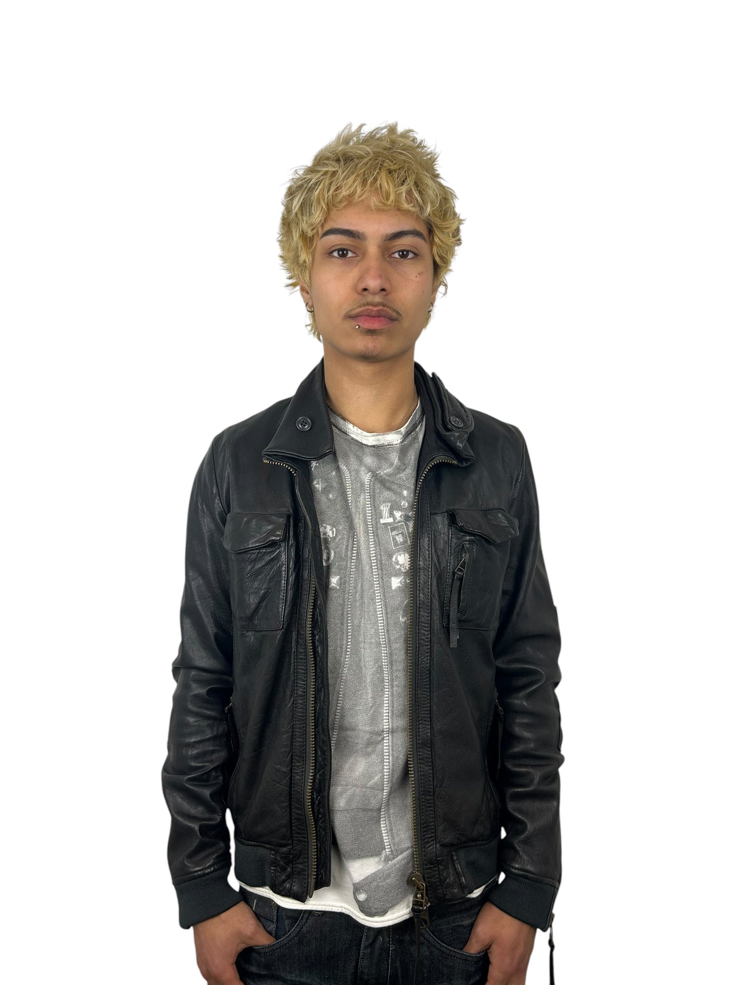 Johnbull Black Leather Multi-Pocket Zip Jacket with Neck Guard (M)