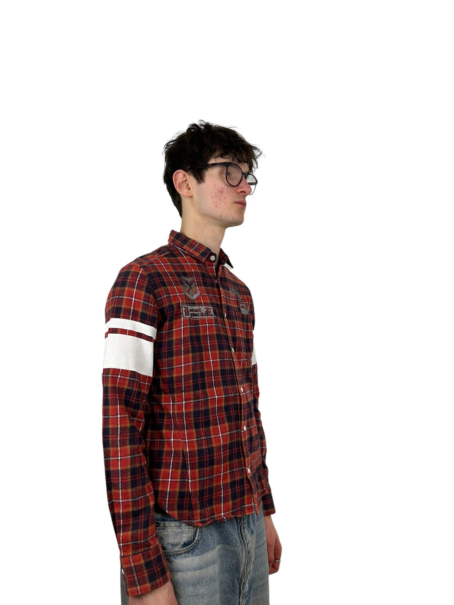 PPFM “The Crow / AC-DC” Painted Sleeves Plaid Flannel Shirt (M)