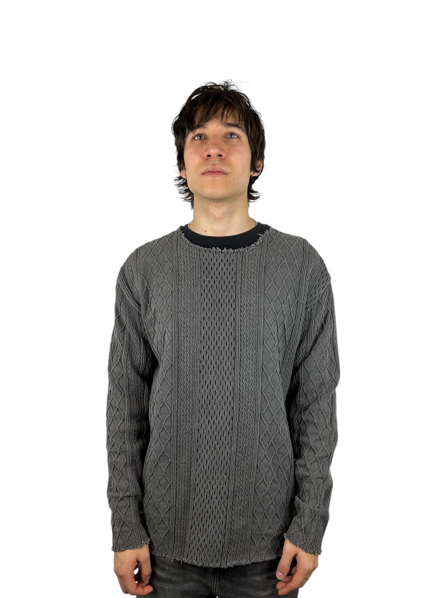 Cal O Line Distressed Hem Cable Knit Pullover (L)