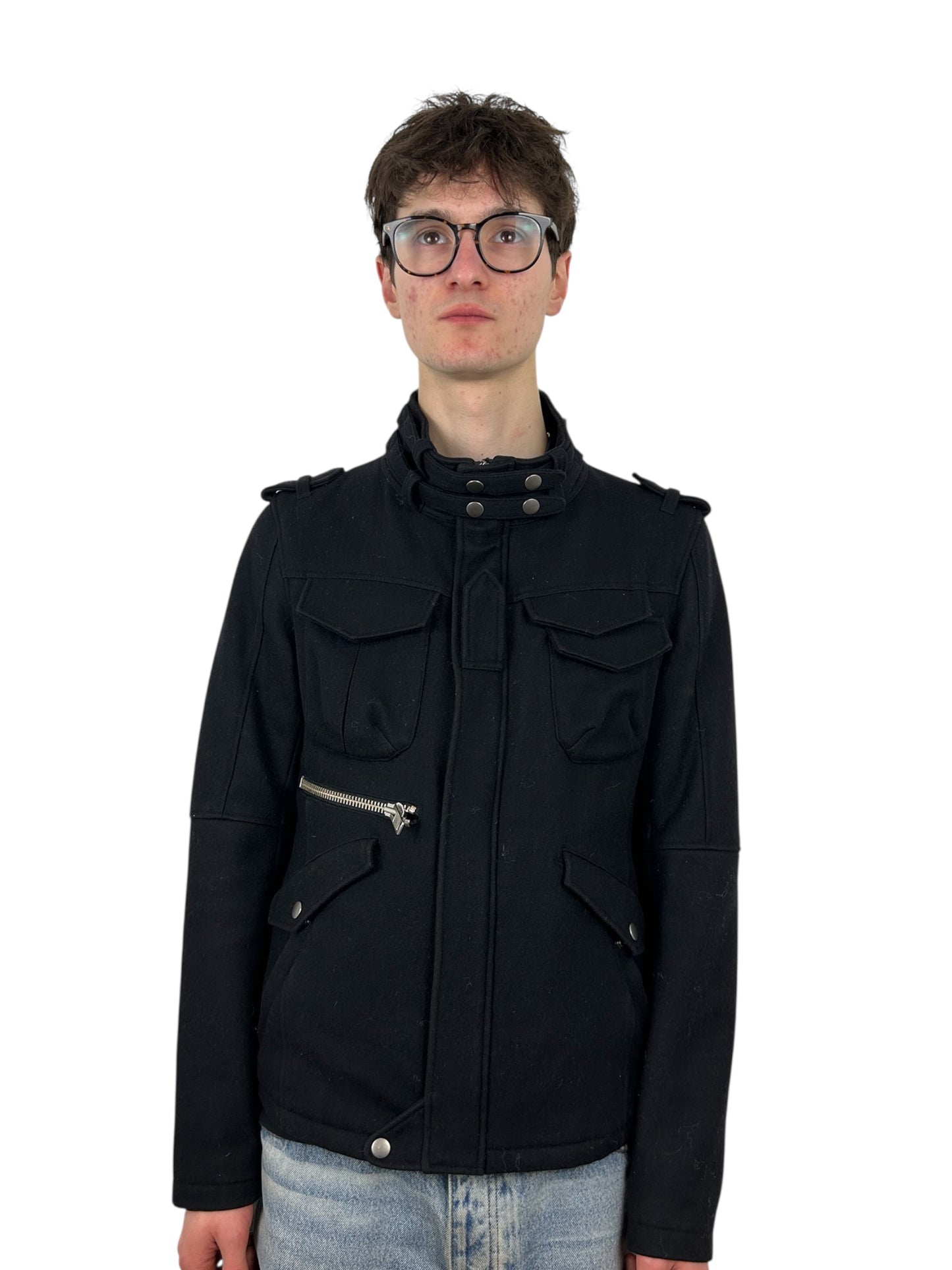 2000s PPFM Black Military Utility Jacket With Neck Guard (L)