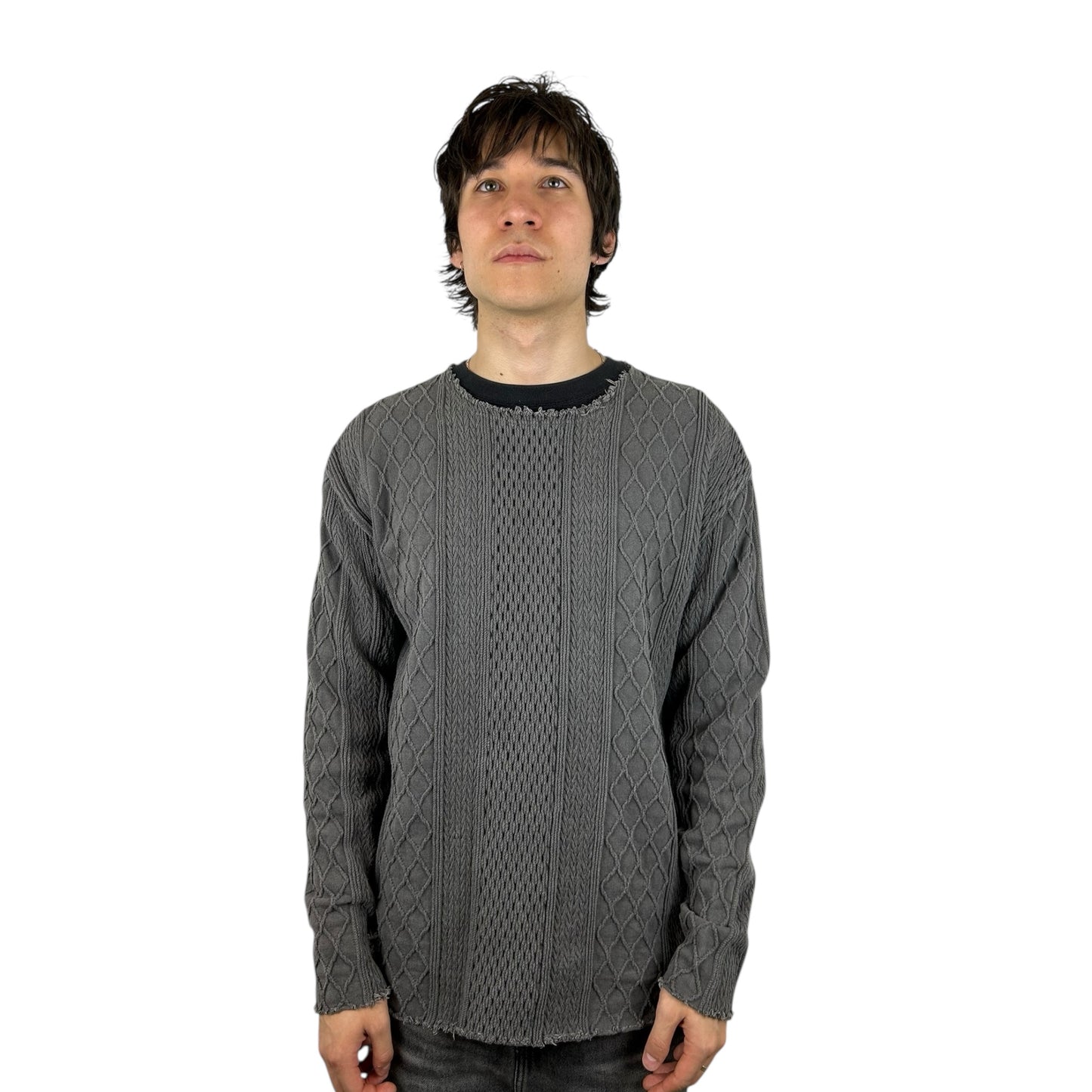 Cal O Line Distressed Hem Cable Knit Pullover (L)