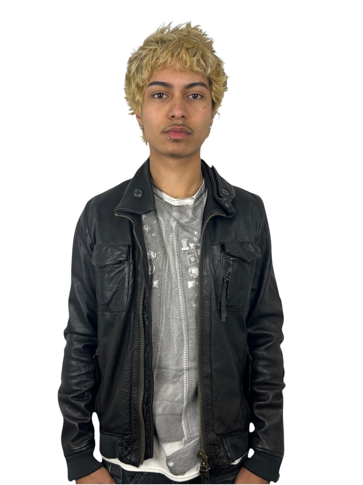 Johnbull Black Leather Multi-Pocket Zip Jacket with Neck Guard (L)