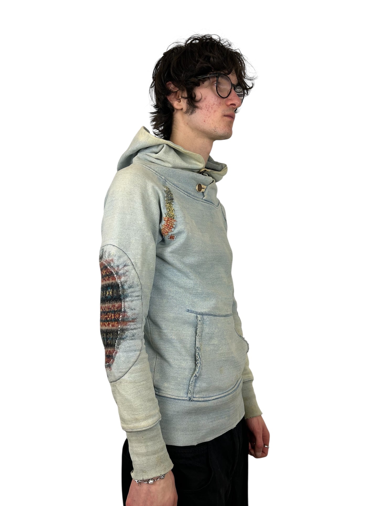 Kapital Yarn Restored Faded Hoodie With Woven Elbow Patches (M)