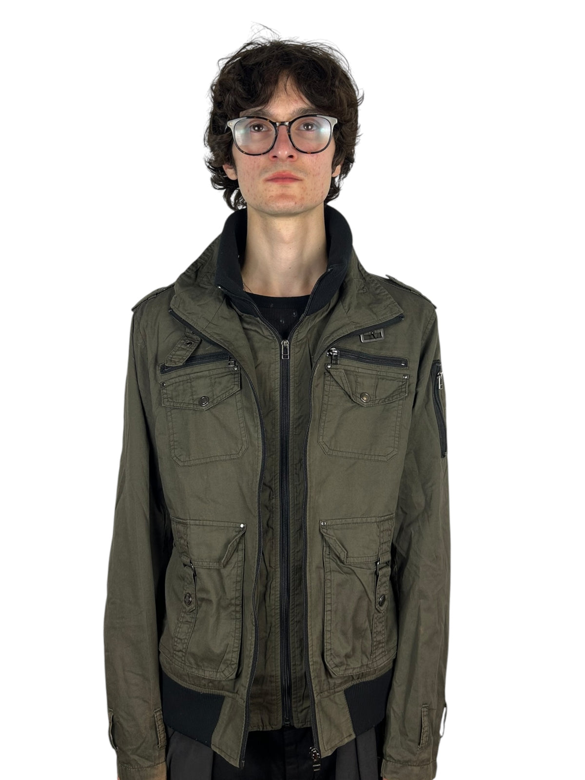 Bareback Realdress Double Zipper Multi-Pocket Military Bomber Jacket (L)
