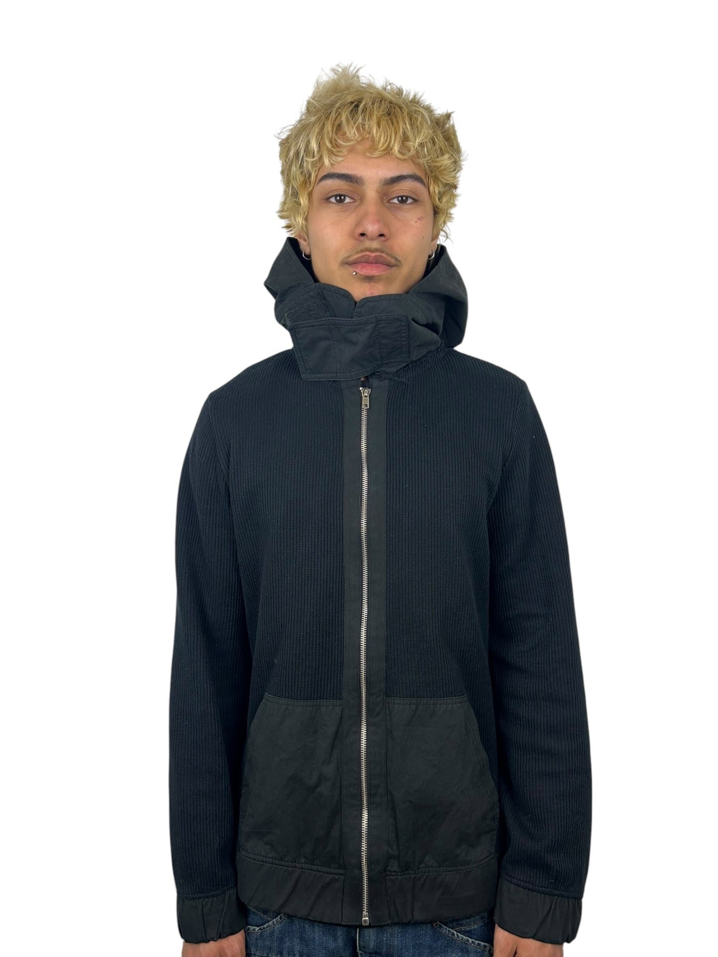 2000s Beauty Mark Convertible High-Neck Hooded Rib Knit Zip Hoodie (M)