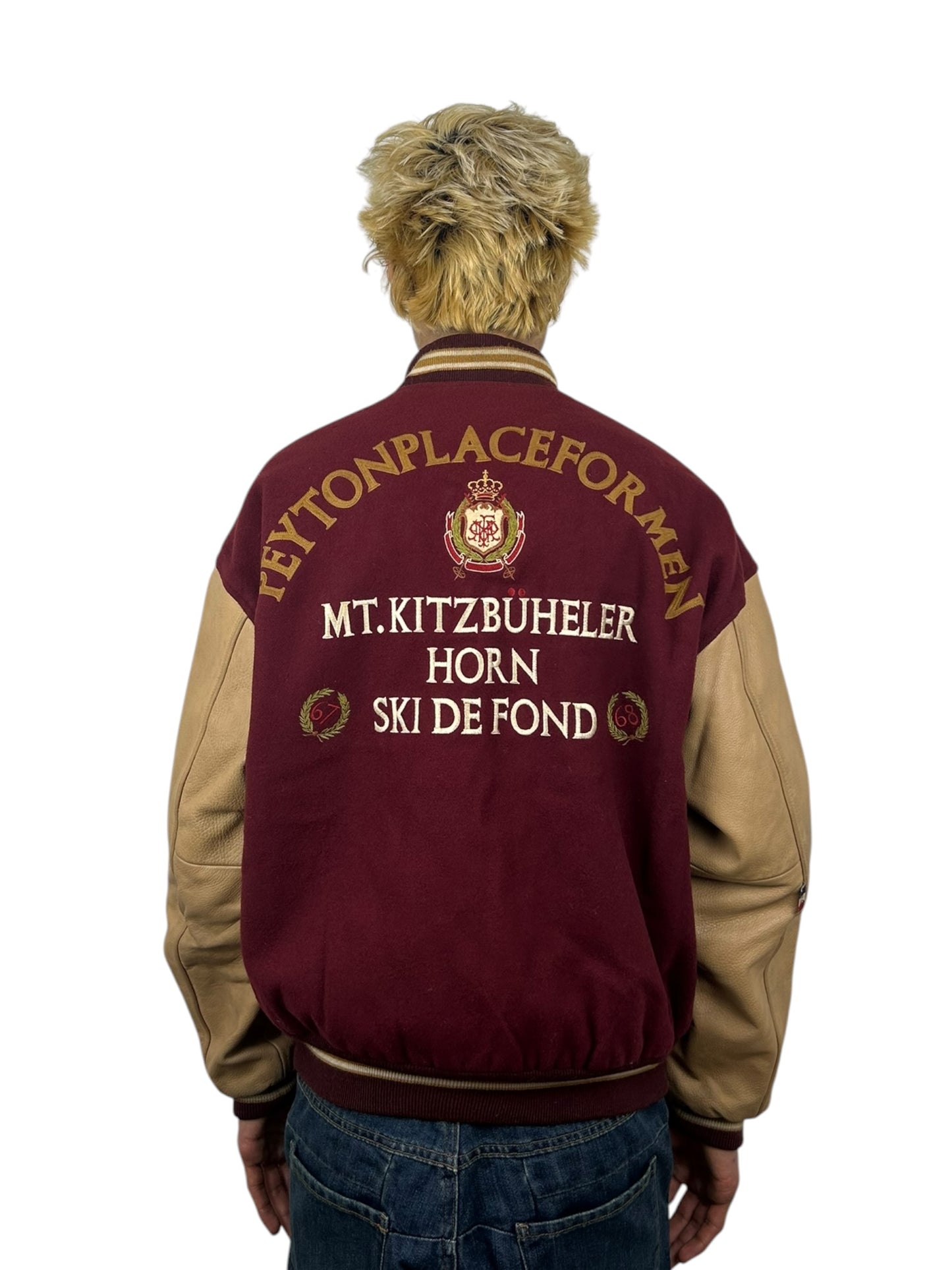 1990s PPFM Ski Team “Kitzbühel Horn” Embroidered Wool Leather Varsity Jacket (L)