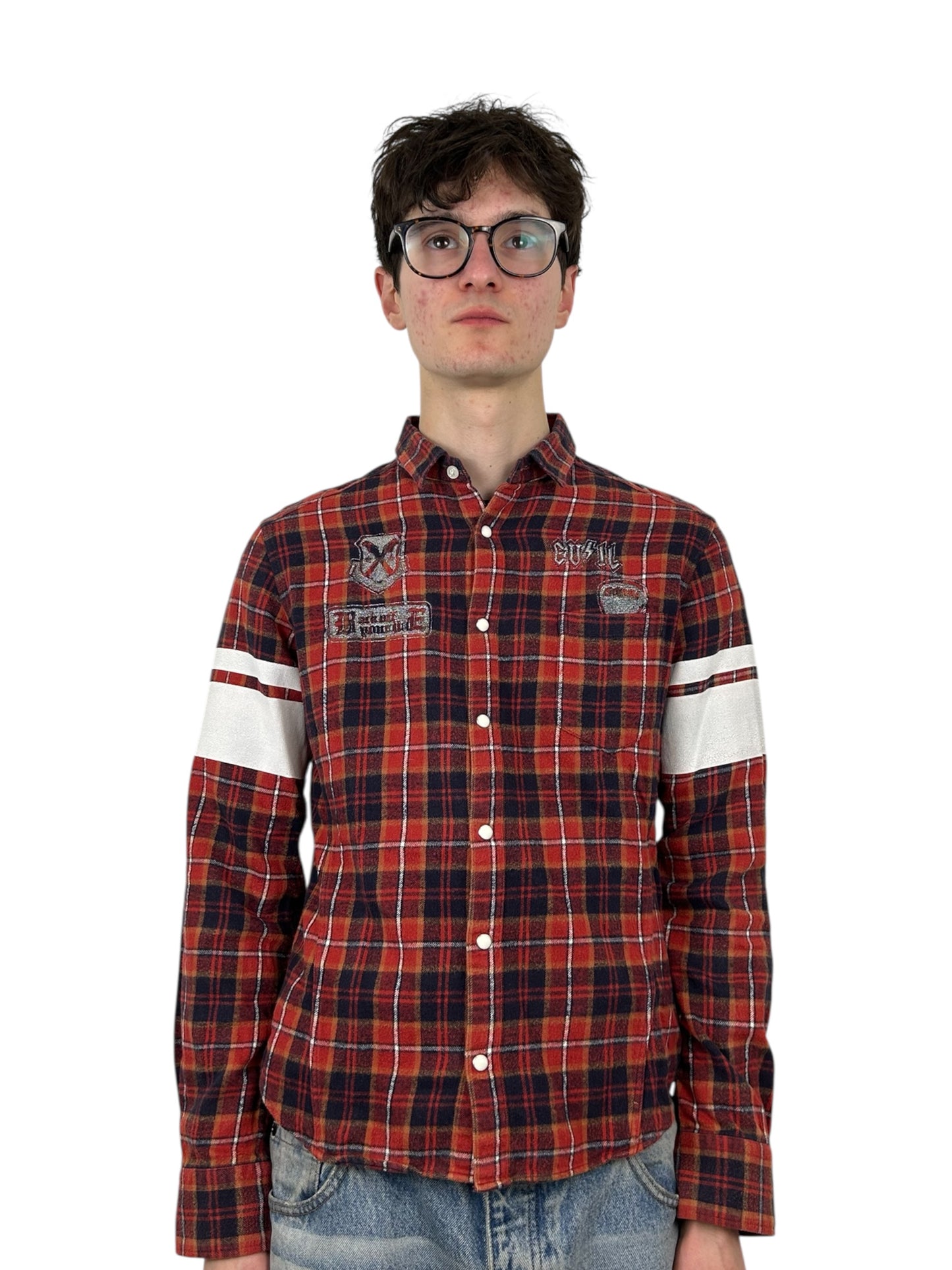 PPFM “The Crow / AC-DC” Painted Sleeves Plaid Flannel Shirt (M)