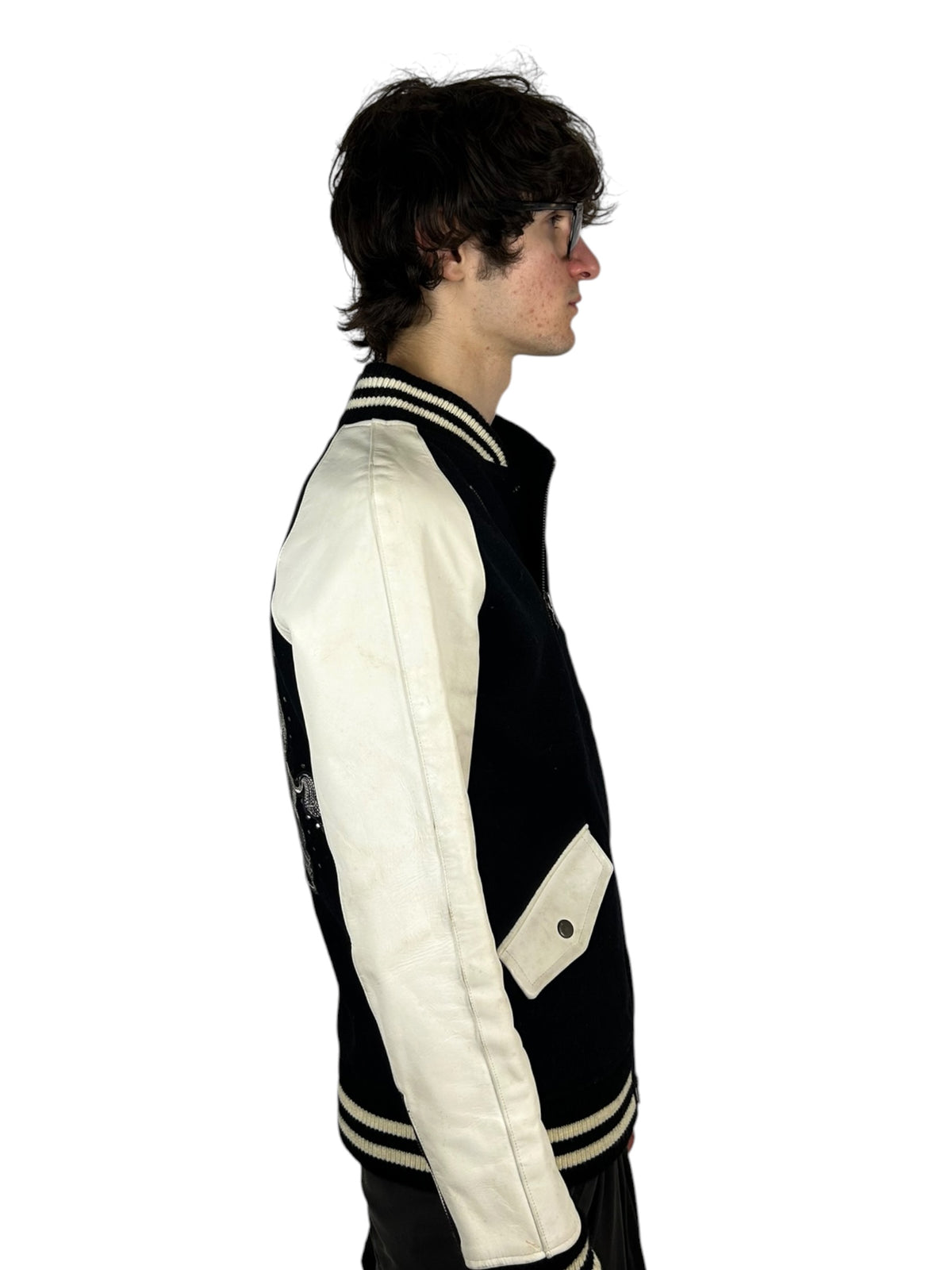 Maniac Works Heraldic Crest Leather-Sleeve Biker Varsity Jacket (L)