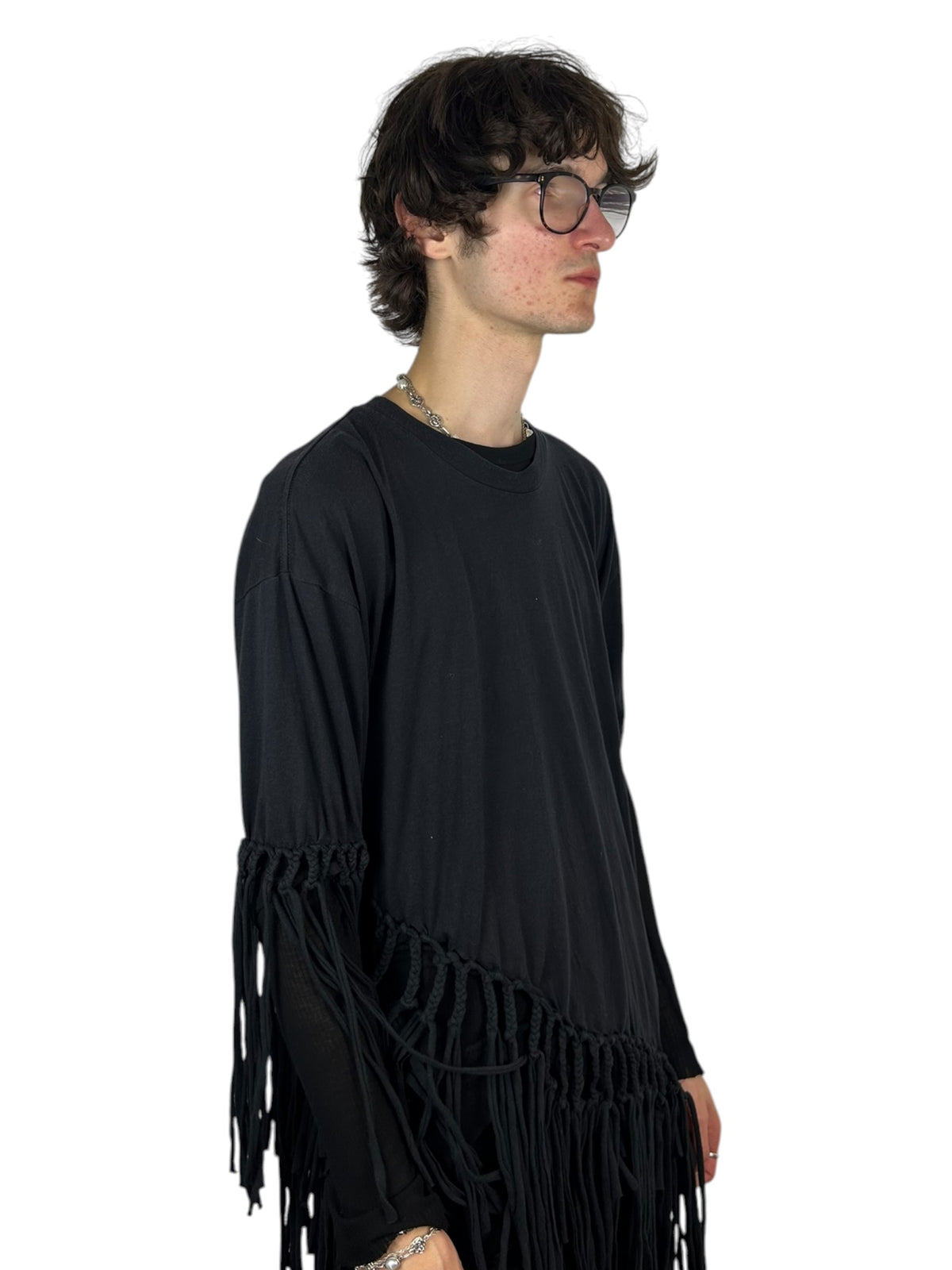 Asymmetric Hand-Knotted Fringe T-Shirt (L)