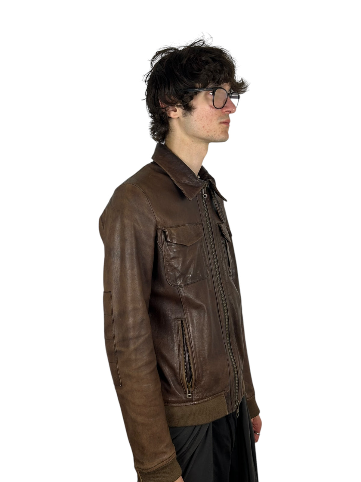 Johnbull Brown Leather Multi-Pocket Zip Jacket with Neck Guard (M)