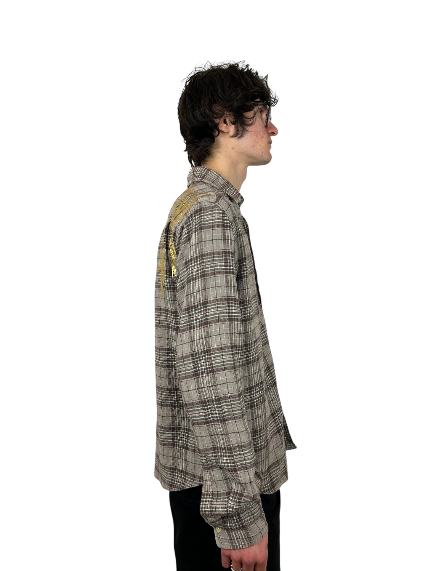 2000s PPFM Muted Tartan Plaid Rock & Roll Skeleton Print Button Up Shirt (M)