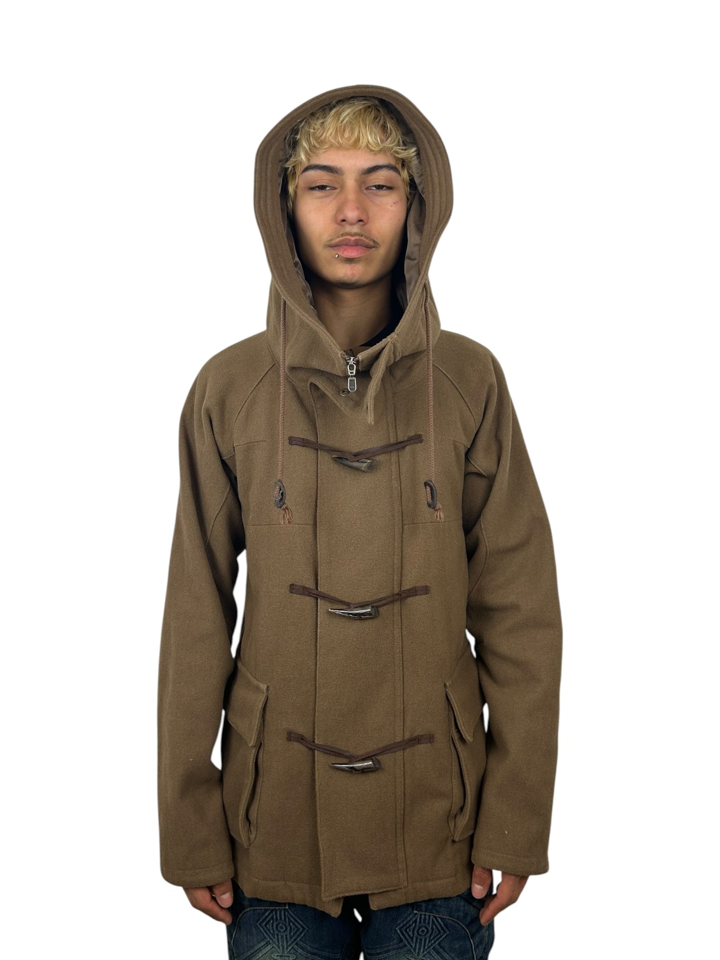 2000s PPFM Hooded Duffle Toggle Closure Wool Blend Panelled Utility Coat (L)