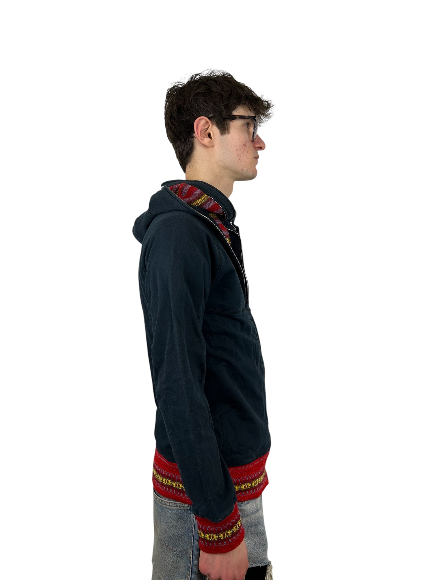 M2Squared Wool Blend Two-Layer Zip Hoodie with Fair Isle Knit Panel (M)