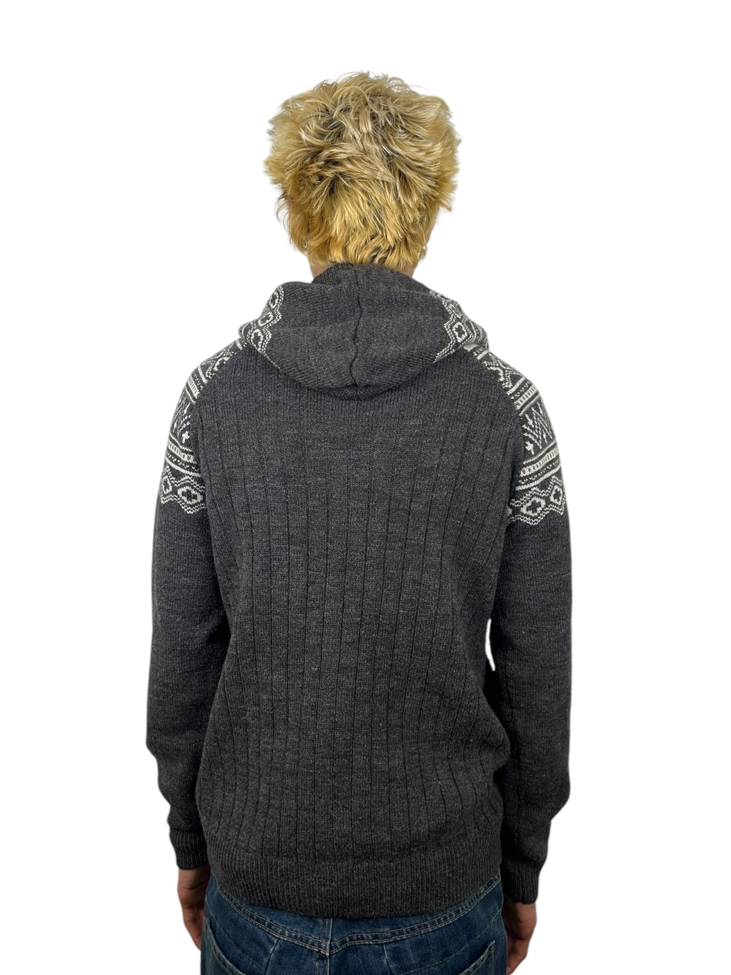 2000s PPFM Fair Isle Pattern Raglan Hooded Button Acrylic Wool Blend Knit Cardigan (M)