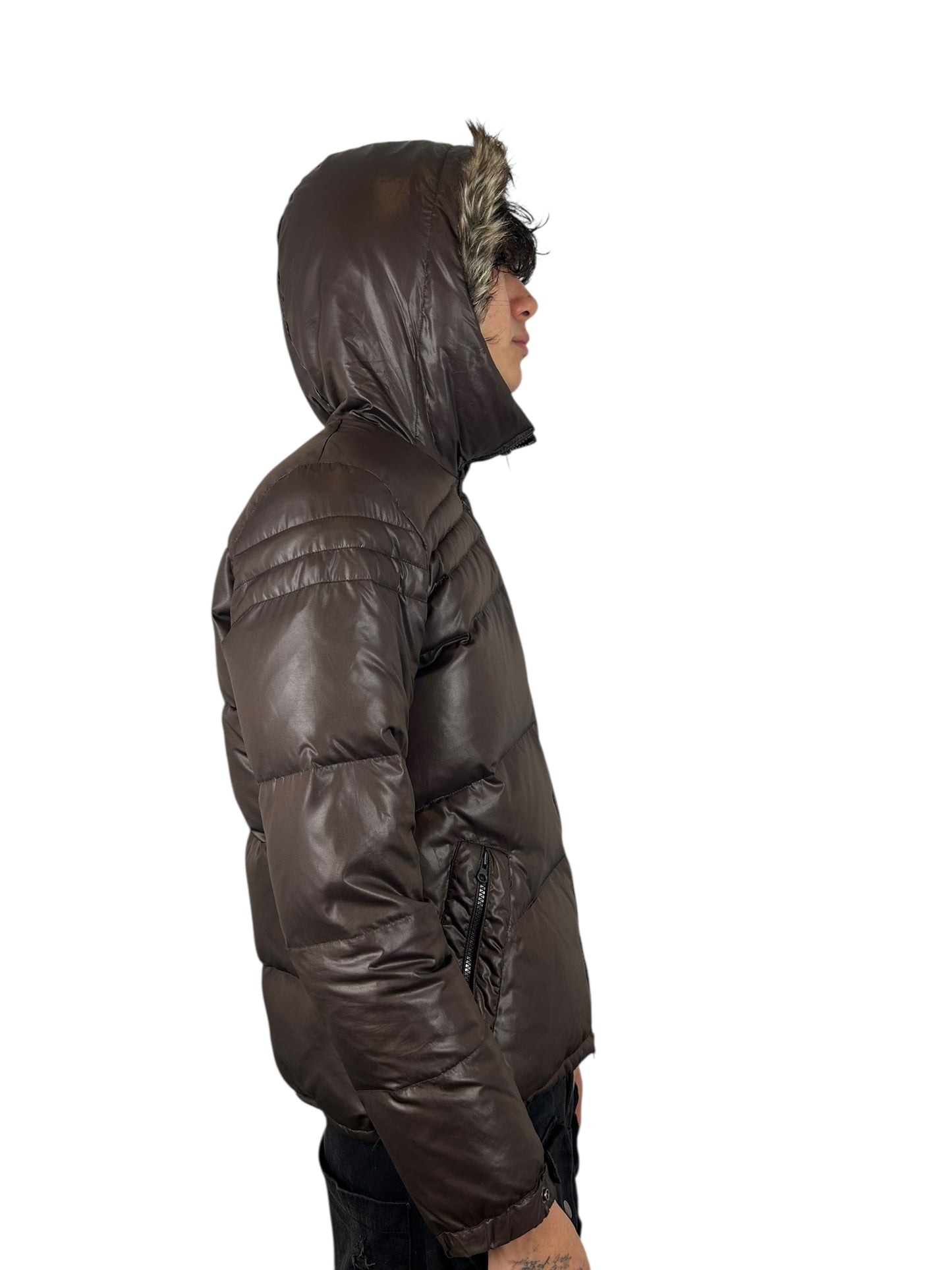 2000s PPFM Chocolate Brown Faux-Fur Trimmed Quilted Puffer Jacket (L)