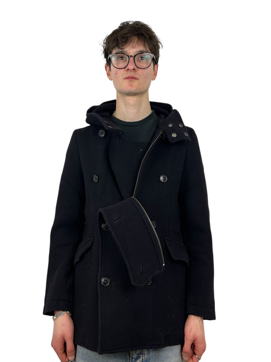 Zucca Asymmetrical Hooded Wool Toggle Zip Deep Navy Peacoat (L)