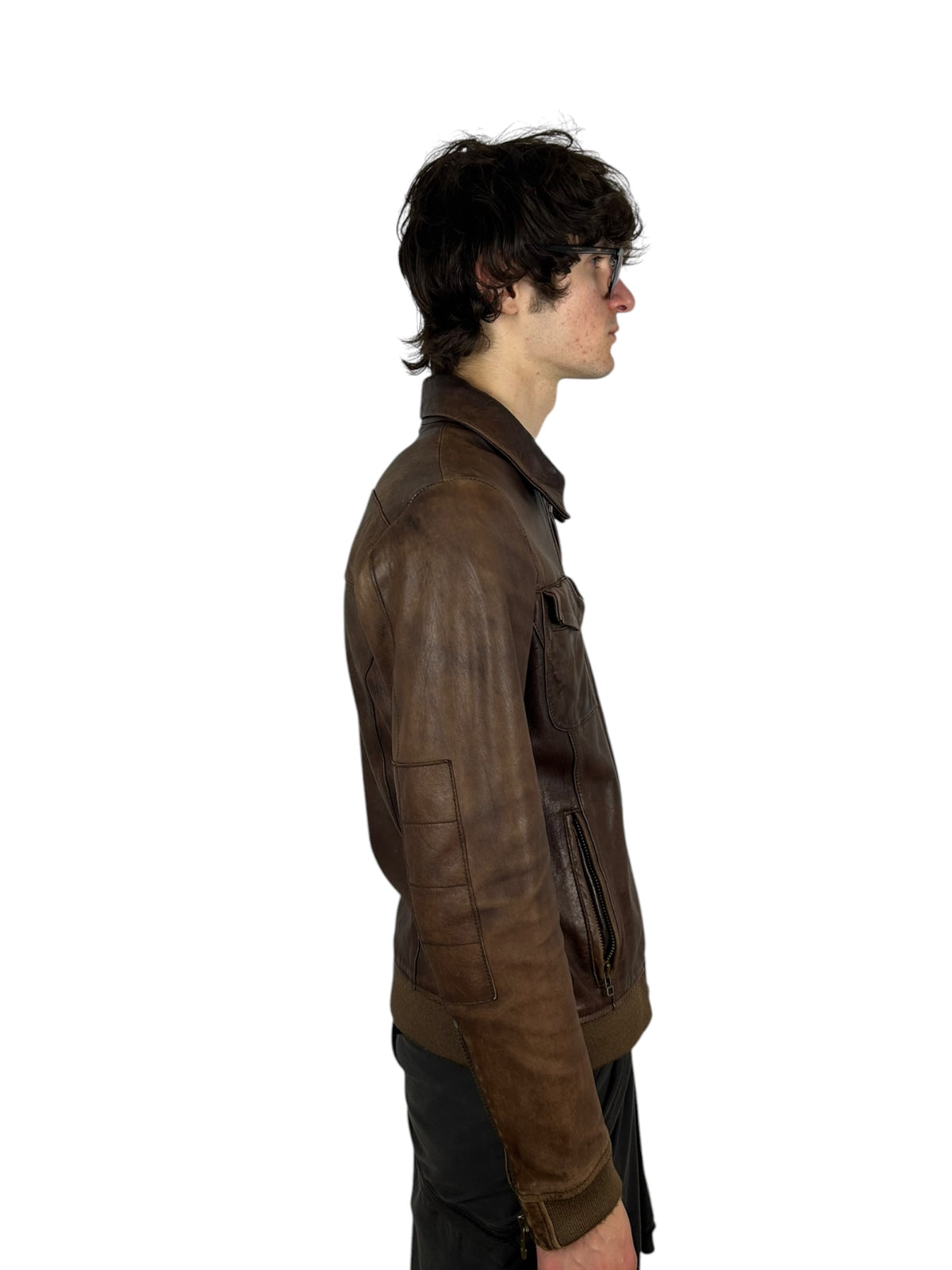 Johnbull Brown Leather Multi-Pocket Zip Jacket with Neck Guard (M)